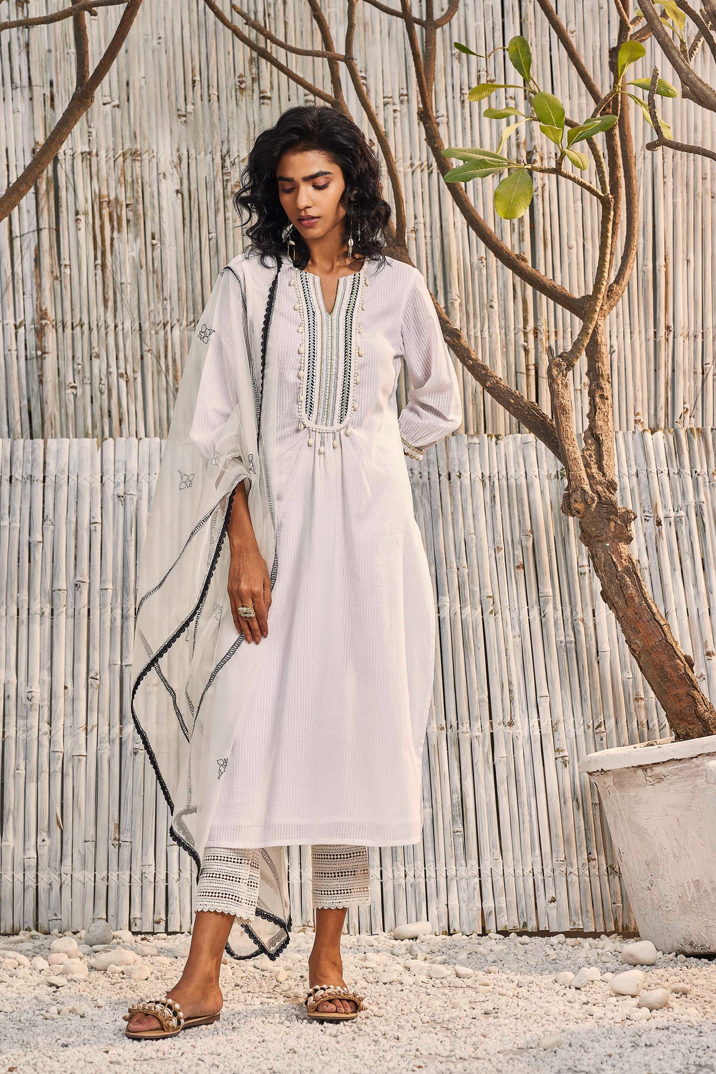Shell White Cotton Straight Kurta with Pant - Set of 3 by Charkhee with Cotton, Cotton Satin, Dobby Cotton, Festive Wear, Indian Wear, Kurta Pant Sets, Kurta Set With Dupatta, Natural, Off-white, Organza, Regular Fit, Shores 23, Textured, Wedding Gifts, Womenswear at Kamakhyaa for sustainable fashion