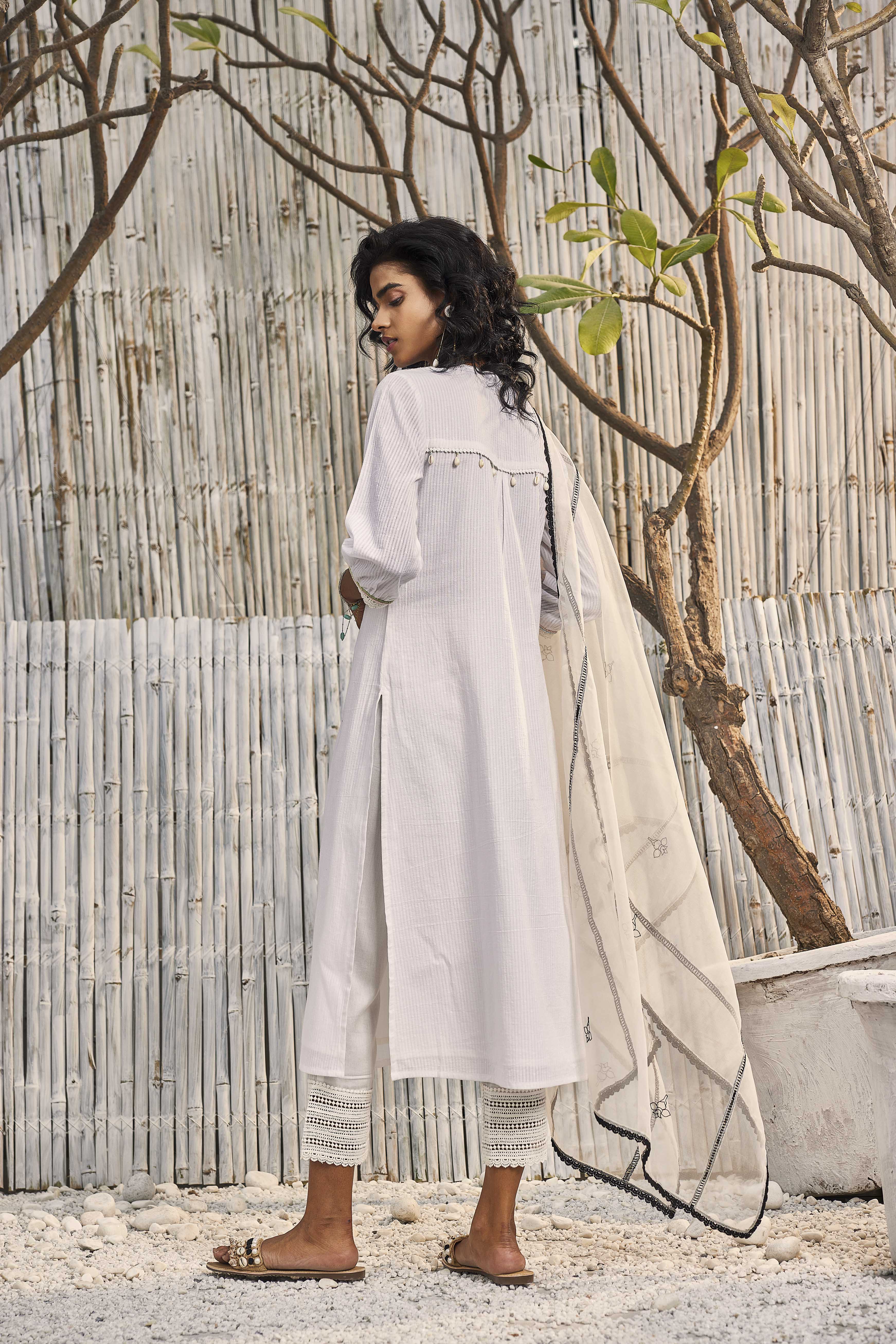 OffWhite Pure Kora Silk by Cotton Handwoven Banarasi Suit Set  Tilfi