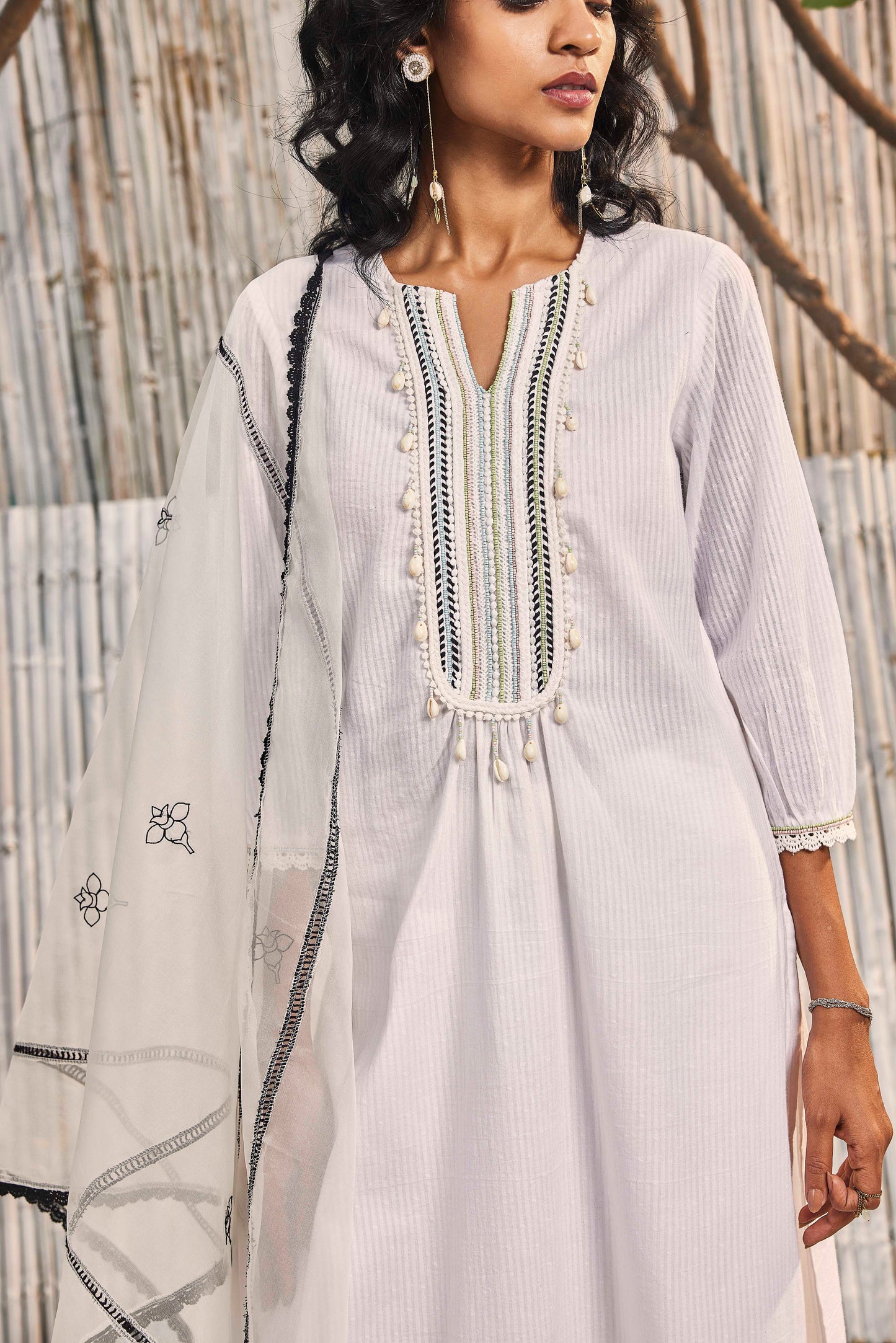 Shell White Cotton Straight Kurta with Pant - Set of 3 by Charkhee with Cotton, Cotton Satin, Dobby Cotton, Festive Wear, Indian Wear, Kurta Pant Sets, Kurta Set With Dupatta, Natural, Off-white, Organza, Regular Fit, Shores 23, Textured, Wedding Gifts, Womenswear at Kamakhyaa for sustainable fashion