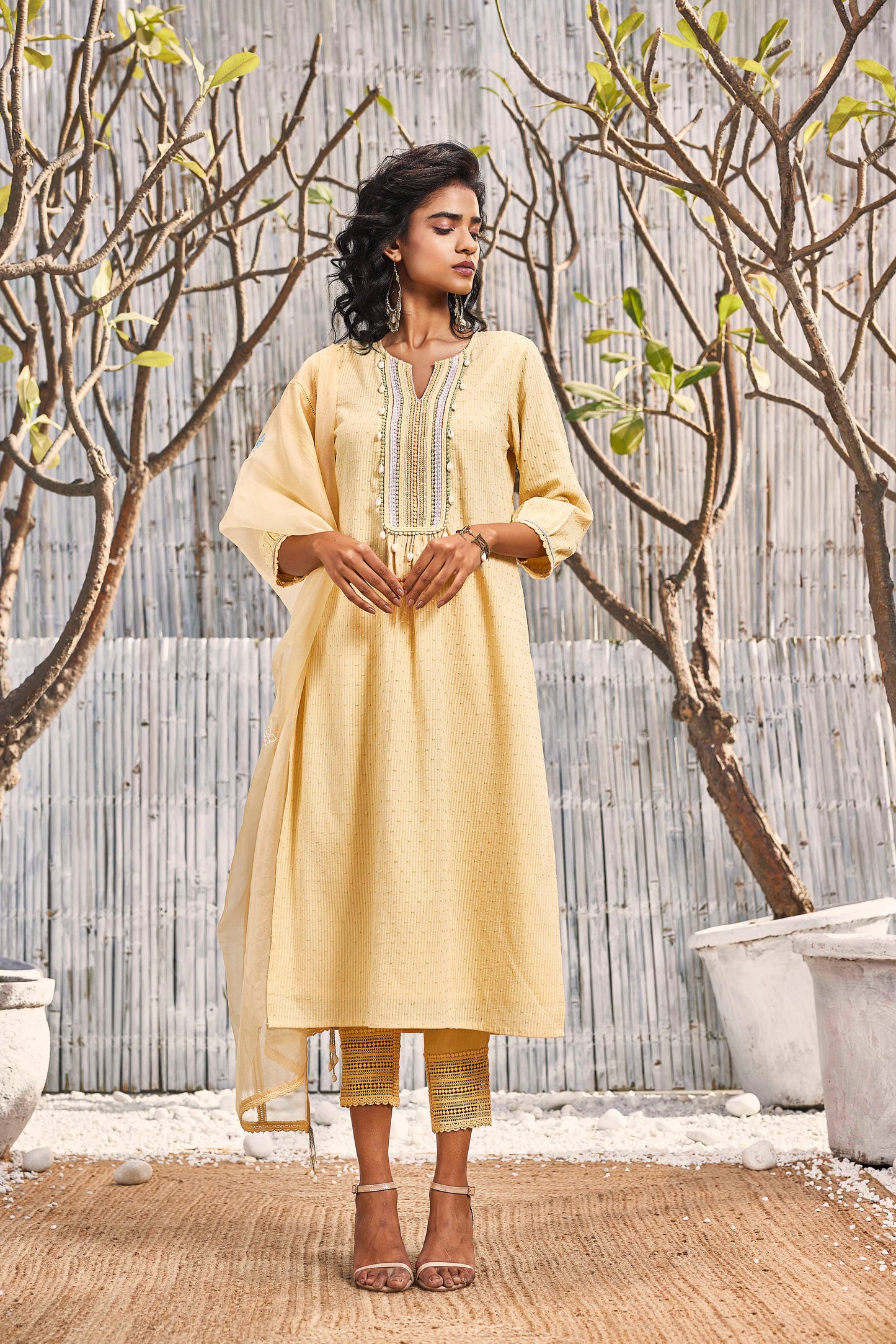 Sunshine Yellow Cotton Straight Kurta with Pant - Set of 3 by Charkhee with Cotton, Cotton Satin, Dobby Cotton, Festive Wear, Indian Wear, Kurta Pant Sets, Kurta Set With Dupatta, Natural, Organza, Regular Fit, Shores 23, Textured, Womenswear, Yellow at Kamakhyaa for sustainable fashion