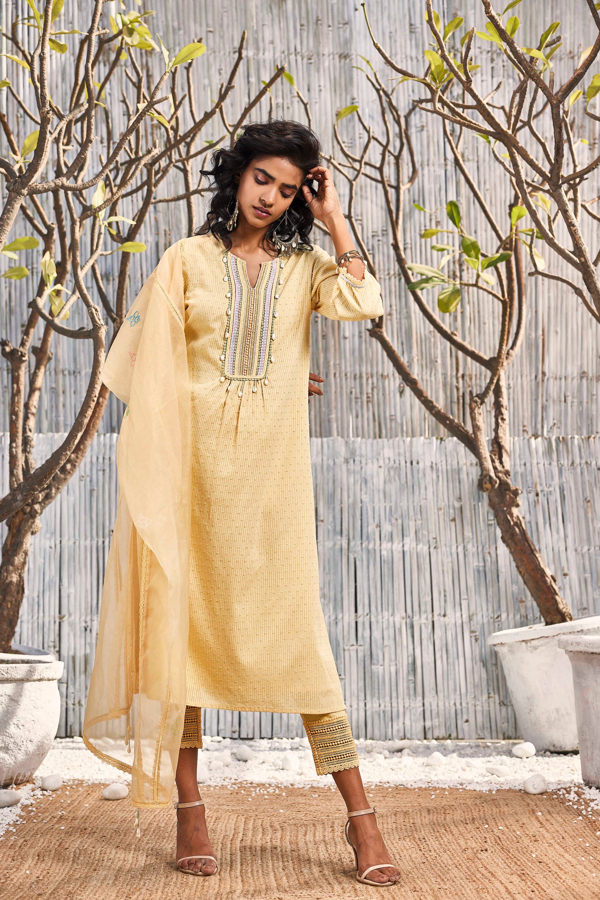 Sunshine Yellow Cotton Straight Kurta with Pant - Set of 3 by Charkhee with Cotton, Cotton Satin, Dobby Cotton, Festive Wear, Indian Wear, Kurta Pant Sets, Kurta Set With Dupatta, Natural, Organza, Regular Fit, Shores 23, Textured, Womenswear, Yellow at Kamakhyaa for sustainable fashion