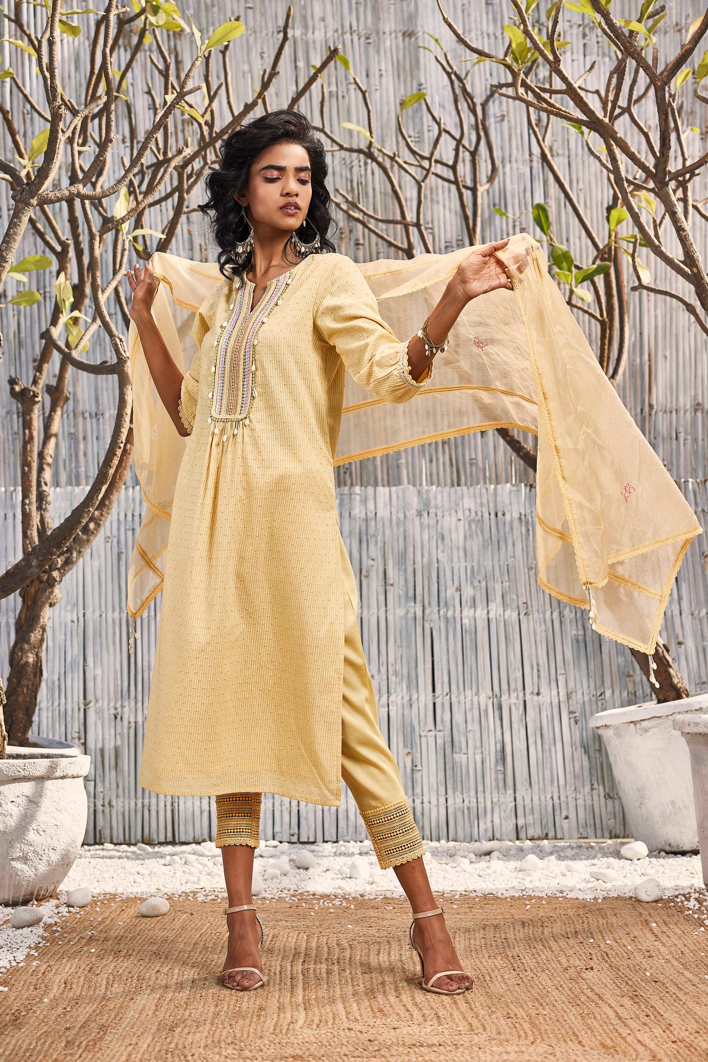 Sunshine Yellow Cotton Straight Kurta with Pant - Set of 3 by Charkhee with Cotton, Cotton Satin, Dobby Cotton, Festive Wear, Indian Wear, Kurta Pant Sets, Kurta Set With Dupatta, Natural, Organza, Regular Fit, Shores 23, Textured, Womenswear, Yellow at Kamakhyaa for sustainable fashion