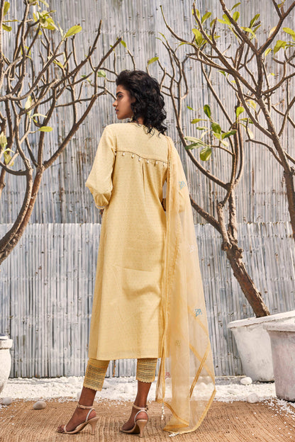 Sunshine Yellow Cotton Straight Kurta with Pant - Set of 3 Indian Wear Festive Wear, Kurta Set With Dupatta, Natural, Regular Fit, Shores 23, Textured, Yellow Charkhee Kamakhyaa