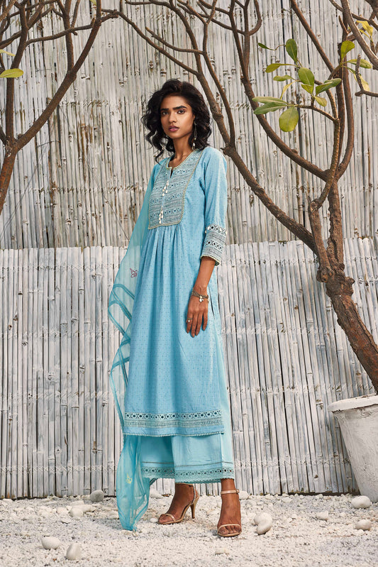 Tropical Blue Cotton Kurta with Palazzo - Set of 3 by Charkhee with Blue, Cotton, Cotton Satin, Dobby Cotton, Festive Wear, Indian Wear, Kurta Palazzo Sets, Natural, Regular Fit, Shores 23, Textured, Womenswear at Kamakhyaa for sustainable fashion