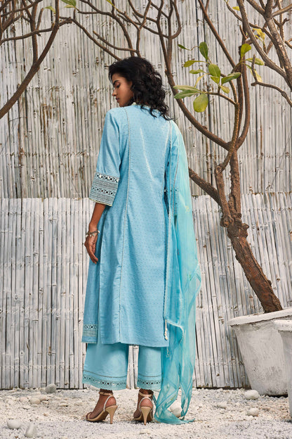 Tropical Blue Cotton Kurta with Palazzo - Set of 3 Blue, Festive Wear, Kurta Set With Dupatta, Natural, Regular Fit, Shores 23, Textured Kamakhyaa