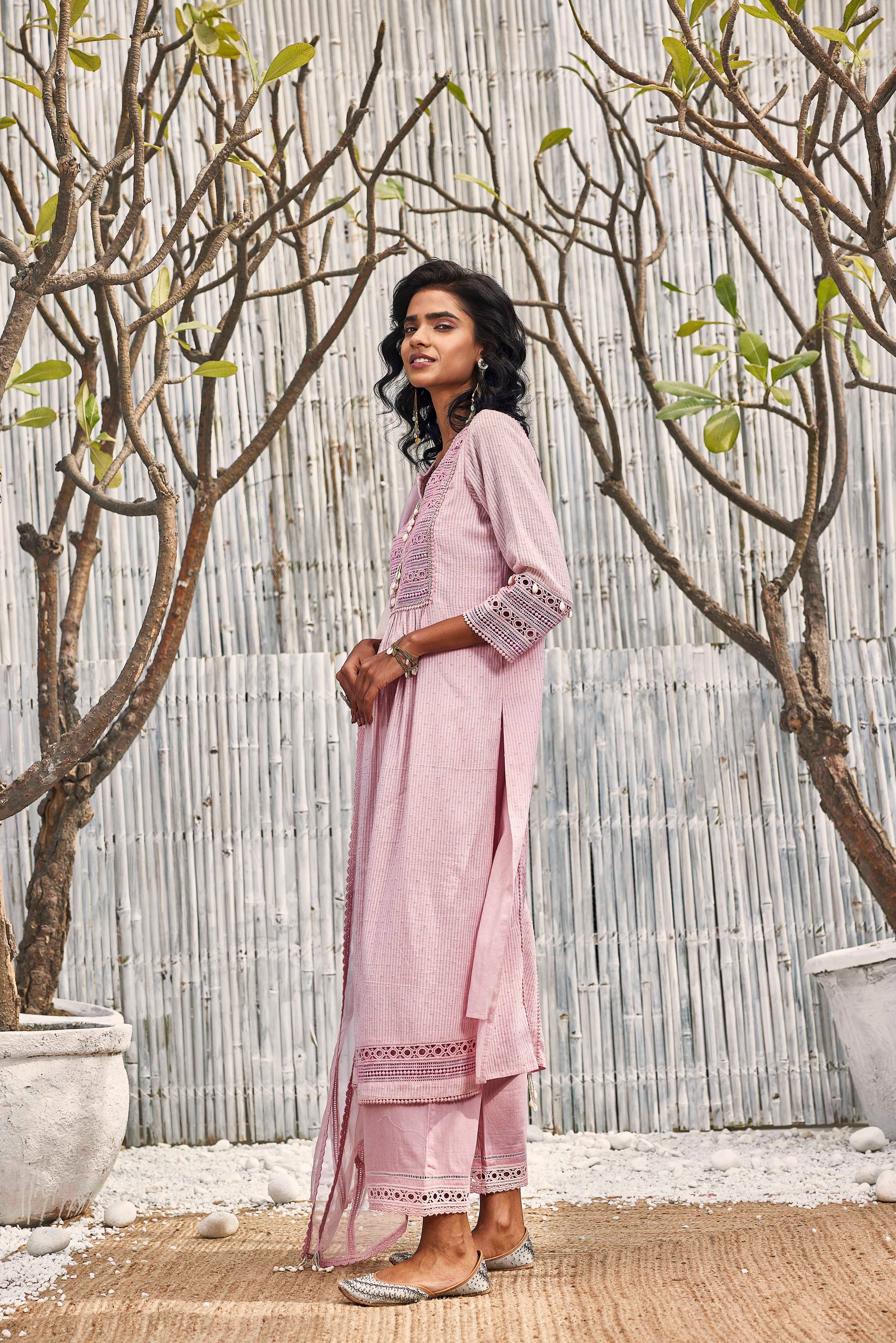 Blush Pink Cotton Kurta with Palazzo - Set of 3 Indian Wear Festive Wear, Kurta Set With Dupatta, Natural, Pink, Regular Fit, Shores 23, Textured Charkhee Kamakhyaa