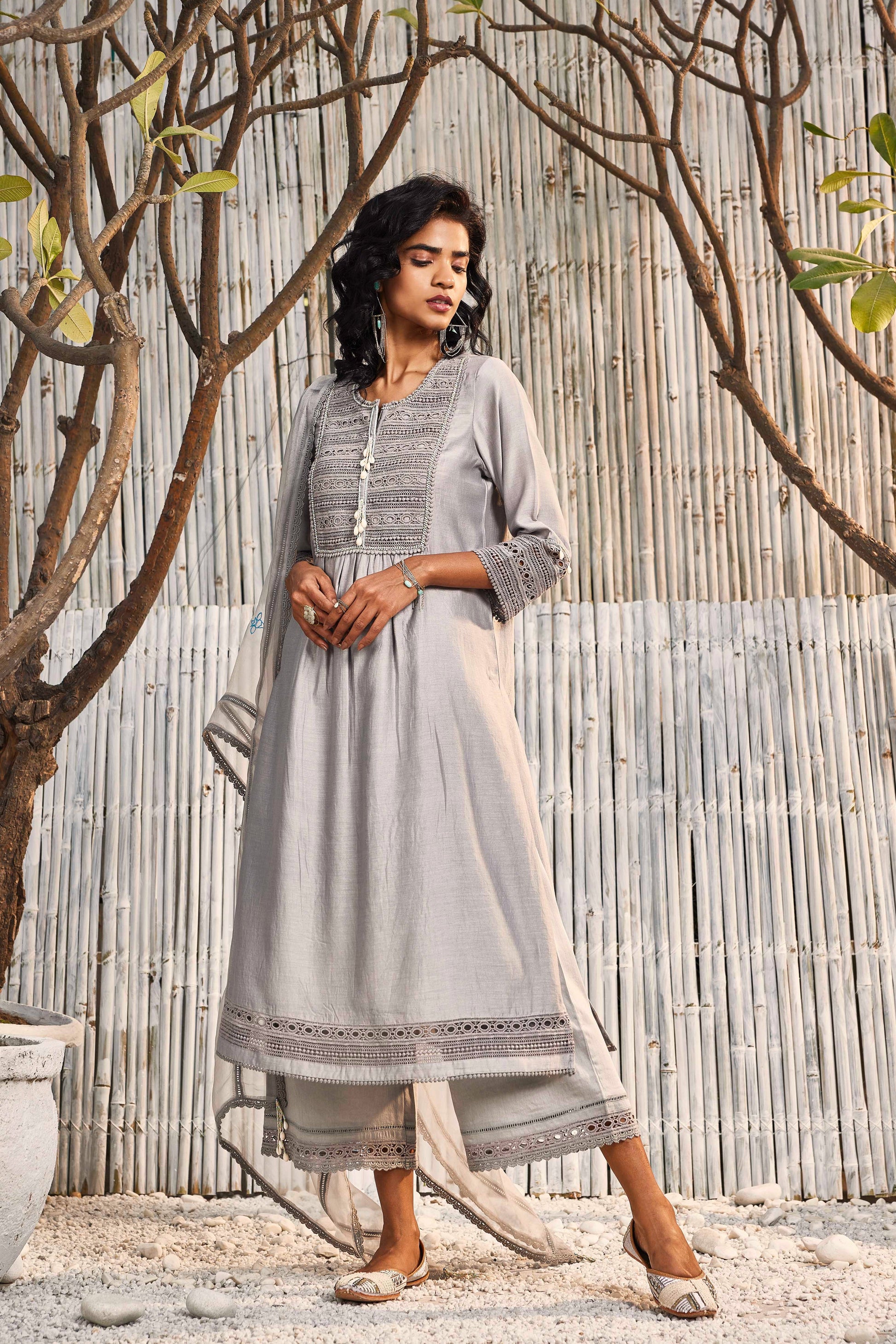 Steel Grey Chanderi Kurta with Palazzo - Set of 3 by Charkhee with Best Selling, Chanderi, Cotton, Cotton Satin, Festive Wear, Grey, Indian Wear, Kurta Palazzo Sets, Natural, Organza, Regular Fit, Shores 23, Solids, Womenswear at Kamakhyaa for sustainable fashion