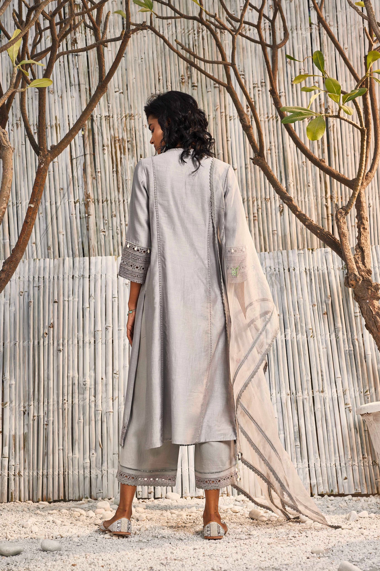 Steel Grey Chanderi Kurta with Palazzo - Set of 3 by Charkhee with Best Selling, Chanderi, Cotton, Cotton Satin, Festive Wear, Grey, Indian Wear, Kurta Palazzo Sets, Natural, Organza, Regular Fit, Shores 23, Solids, Womenswear at Kamakhyaa for sustainable fashion