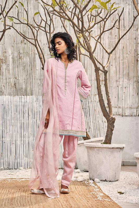 Blush Pink Short Anarkali with Salwar - Set of 3 by Charkhee with Cotton, Dobby Cotton, Festive Wear, Indian Wear, Kurta Salwar Sets, Kurta Set With Dupatta, Natural, Organza, Pink, Regular Fit, Shores 23, Textured, Womenswear at Kamakhyaa for sustainable fashion