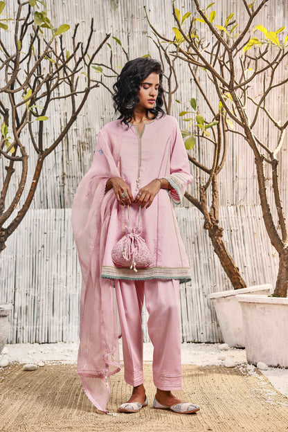Blush Pink Short Anarkali with Salwar - Set of 3 Indian Wear Festive Wear, Kurta Set With Dupatta, Natural, Pink, Regular Fit, Shores 23, Textured Charkhee Kamakhyaa