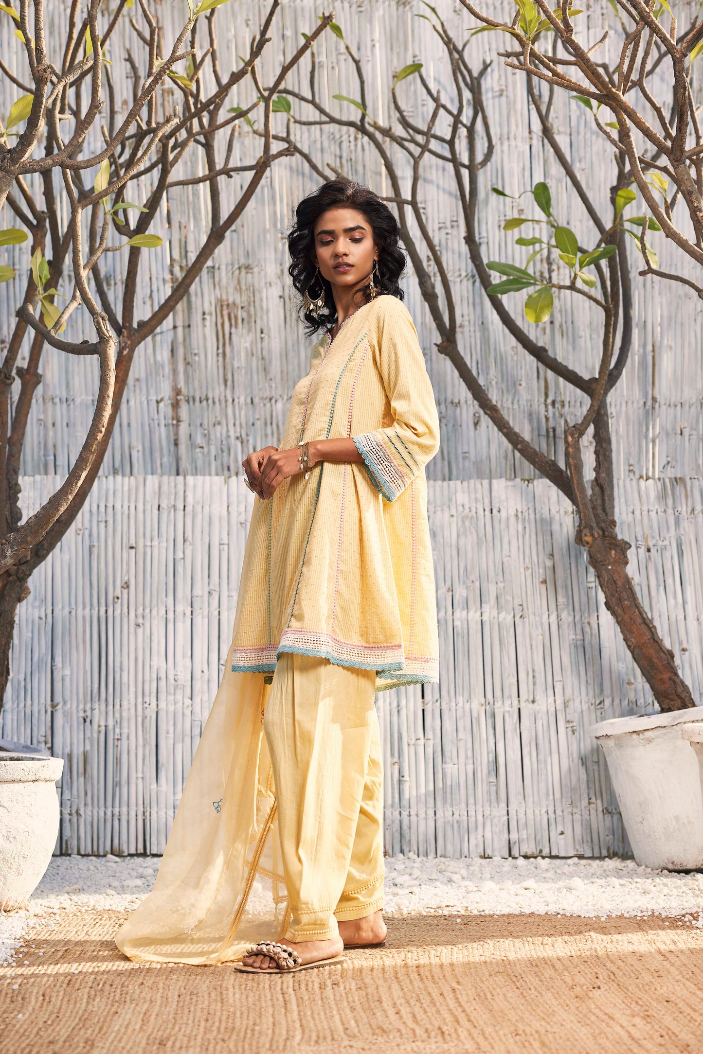 Sunshine Yellow Short Anarkali with Salwar - Set of 3 by Charkhee with Cotton, Cotton Satin, Dobby Cotton, Festive Wear, Indian Wear, Kurta Salwar Sets, Kurta Set With Dupatta, Natural, Organza, Regular Fit, Shores 23, Textured, Womenswear, Yellow at Kamakhyaa for sustainable fashion