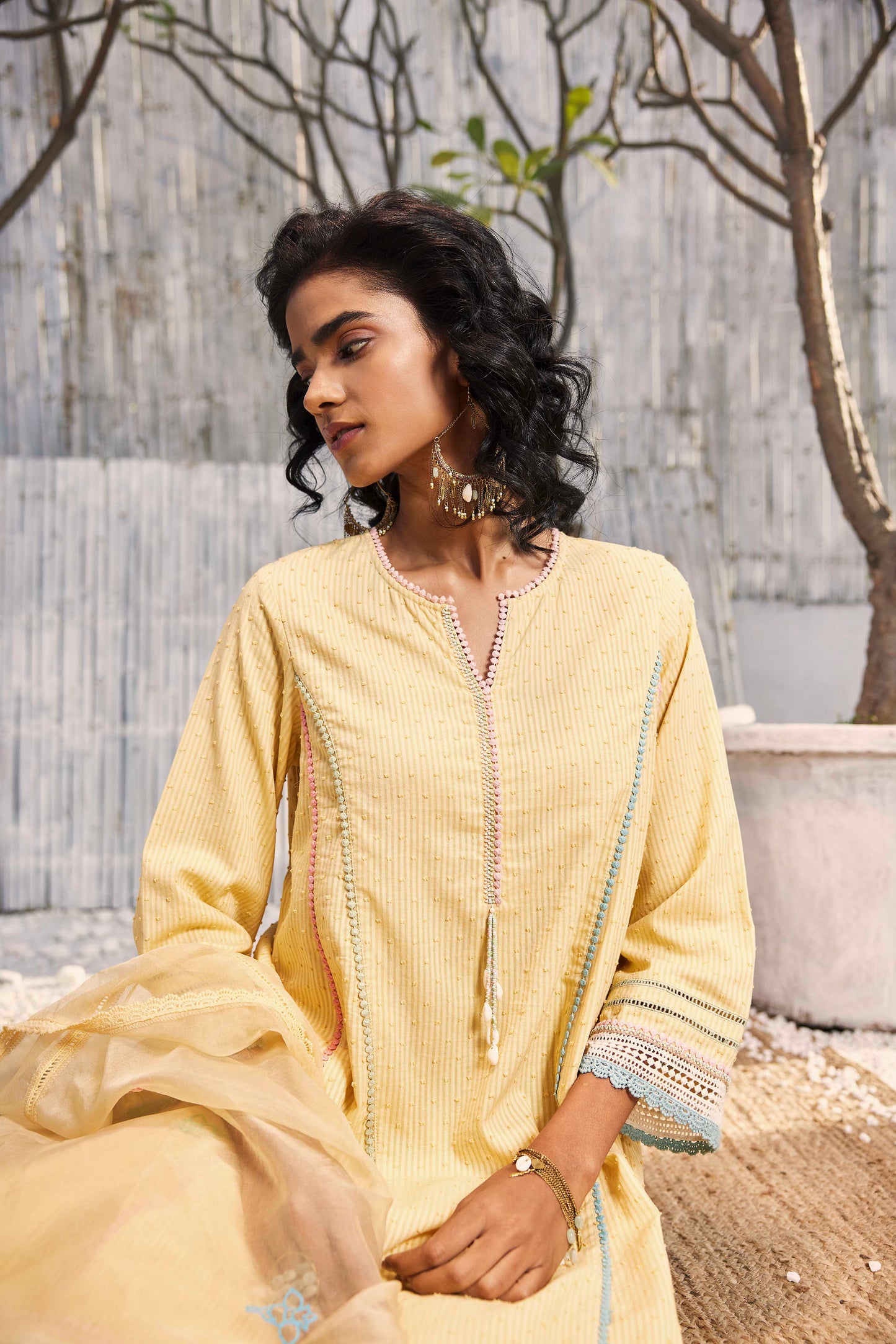 Sunshine Yellow Short Anarkali with Salwar - Set of 3 by Charkhee with Cotton, Cotton Satin, Dobby Cotton, Festive Wear, Indian Wear, Kurta Salwar Sets, Kurta Set With Dupatta, Natural, Organza, Regular Fit, Shores 23, Textured, Womenswear, Yellow at Kamakhyaa for sustainable fashion