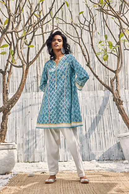 Block Print Short Anarkali with Salwar - Set of 3 Blue Indian Wear Blue, Festive Wear, Kurta Set With Dupatta, Natural, Regular Fit, Shores 23, Solids Charkhee Kamakhyaa