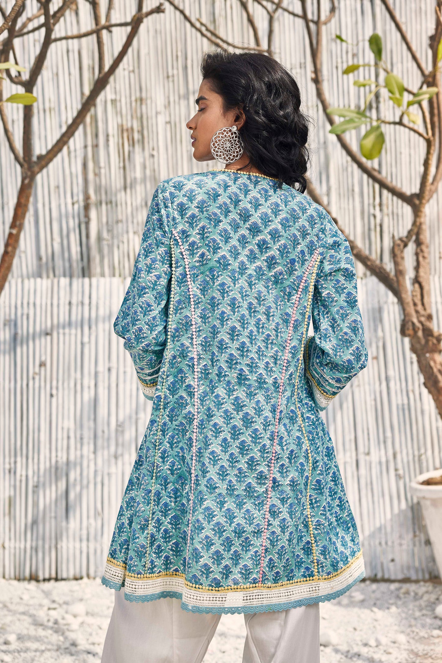 Block Print Short Anarkali with Salwar - Set of 3 Blue Indian Wear Blue, Festive Wear, Kurta Set With Dupatta, Natural, Regular Fit, Shores 23, Solids Charkhee Kamakhyaa