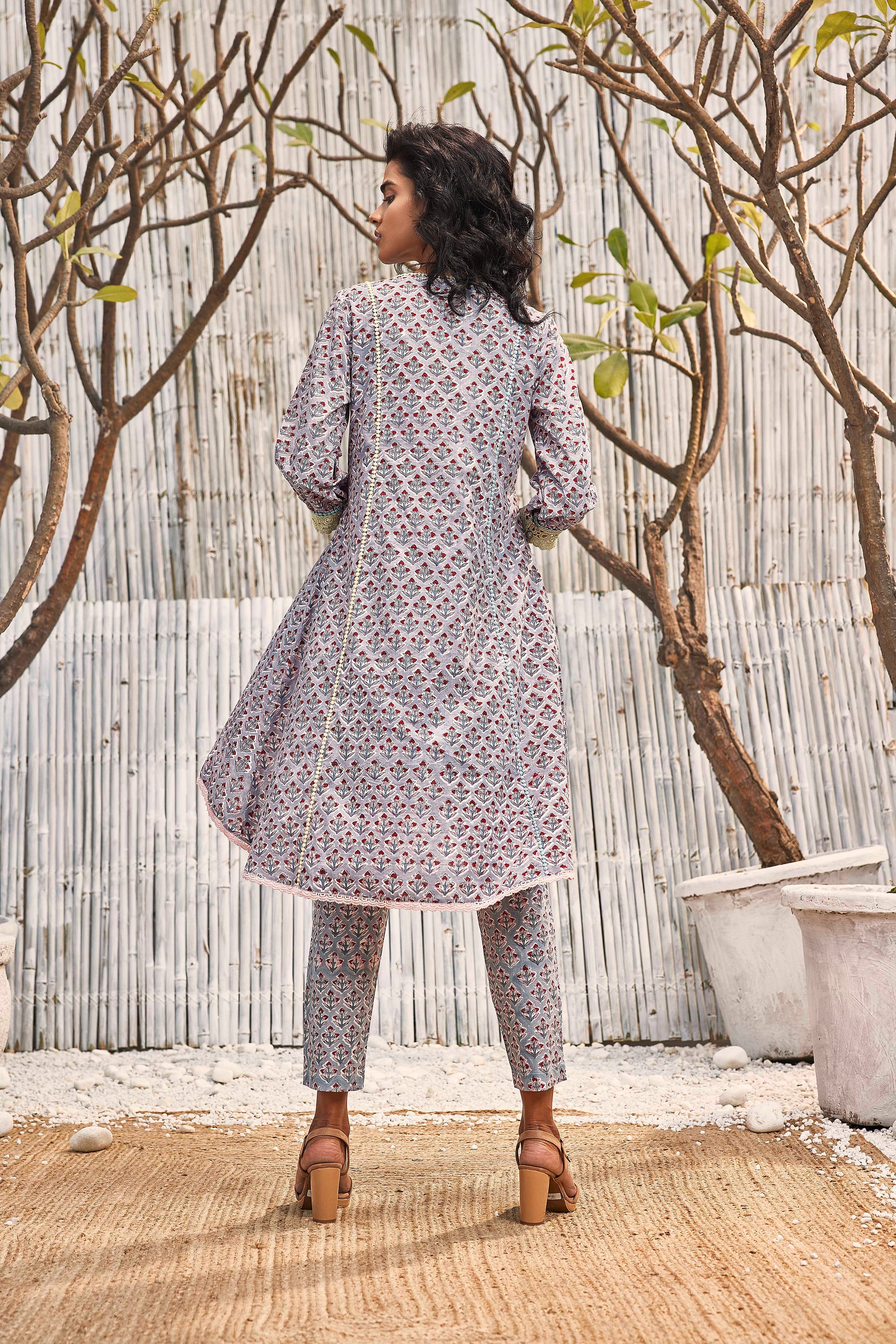 Block Print High Low Kurta with Pant - Set of 2 - Grey by Charkhee with Cotton, Festive Wear, For Mother, Grey, Indian Wear, Kurta Pant Sets, Natural, Regular Fit, Shores 23, Solids, Womenswear at Kamakhyaa for sustainable fashion