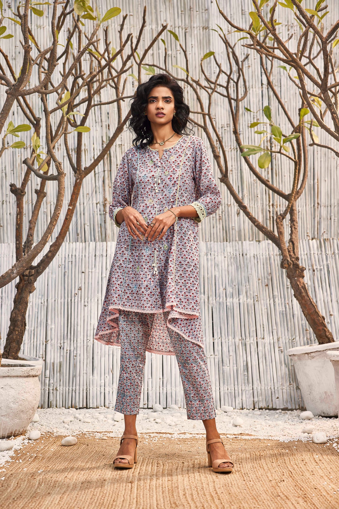 Block Print High Low Kurta with Pant - Set of 2 - Grey by Charkhee with Cotton, Festive Wear, For Mother, Grey, Indian Wear, Kurta Pant Sets, Natural, Regular Fit, Shores 23, Solids, Womenswear at Kamakhyaa for sustainable fashion