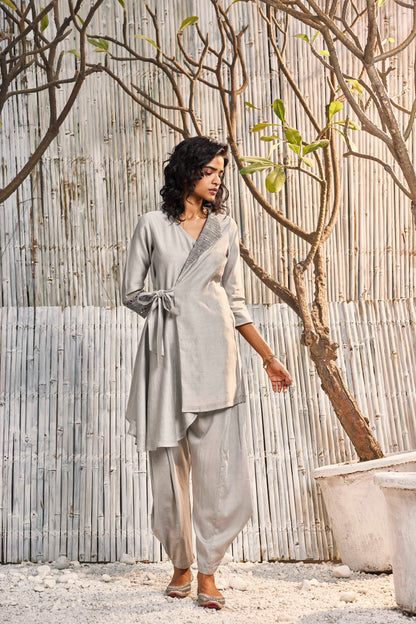 Wrap Co-ord Set - Set of 2 by Charkhee with Chanderi, Co-ord Sets, Cotton, Cotton Satin, Festive Wear, For Anniversary, Grey, Natural, party, Party Wear Co-ords, Regular Fit, Shores 23, Solids, Womenswear at Kamakhyaa for sustainable fashion