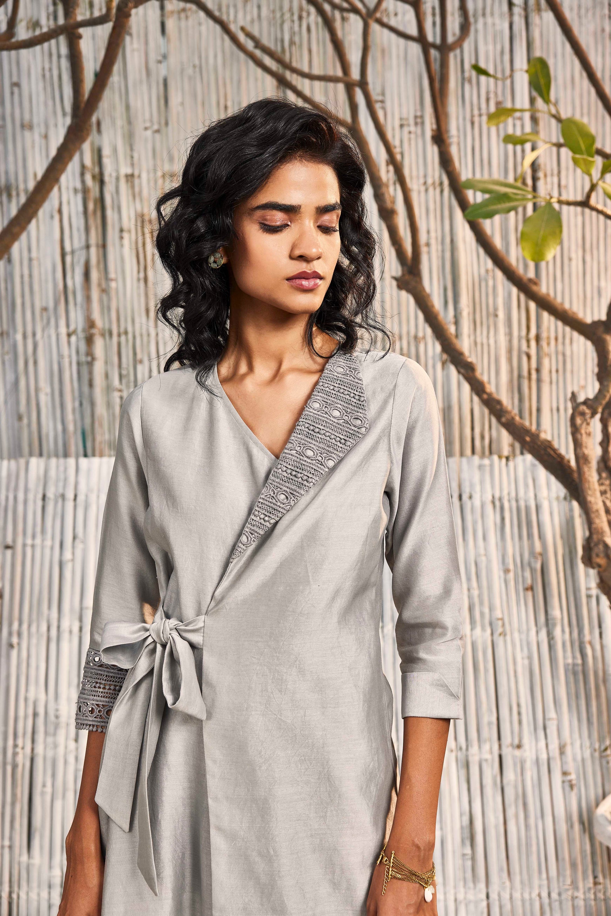 Wrap Co-ord Set - Set of 2 by Charkhee with Chanderi, Co-ord Sets, Cotton, Cotton Satin, Festive Wear, For Anniversary, Grey, Natural, party, Party Wear Co-ords, Regular Fit, Shores 23, Solids, Womenswear at Kamakhyaa for sustainable fashion