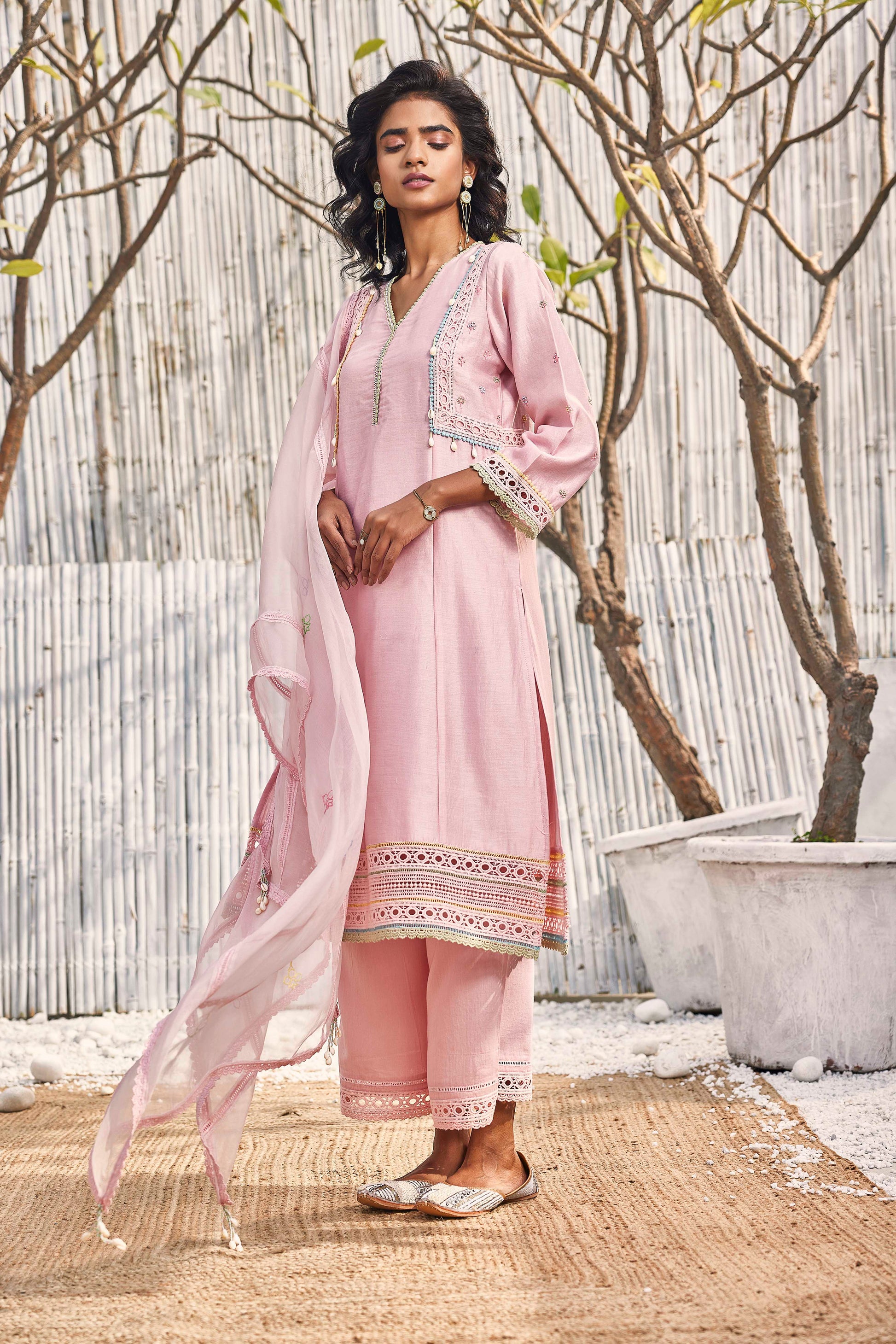 Blush Pink A-line Kurta with Palazzo - Set of 2 by Charkhee with Best Selling, Chanderi, Cotton, Cotton Satin, Festive Wear, Indian Wear, Kurta Palazzo Sets, Natural, Pink, Regular Fit, Shores 23, Solids, Womenswear at Kamakhyaa for sustainable fashion