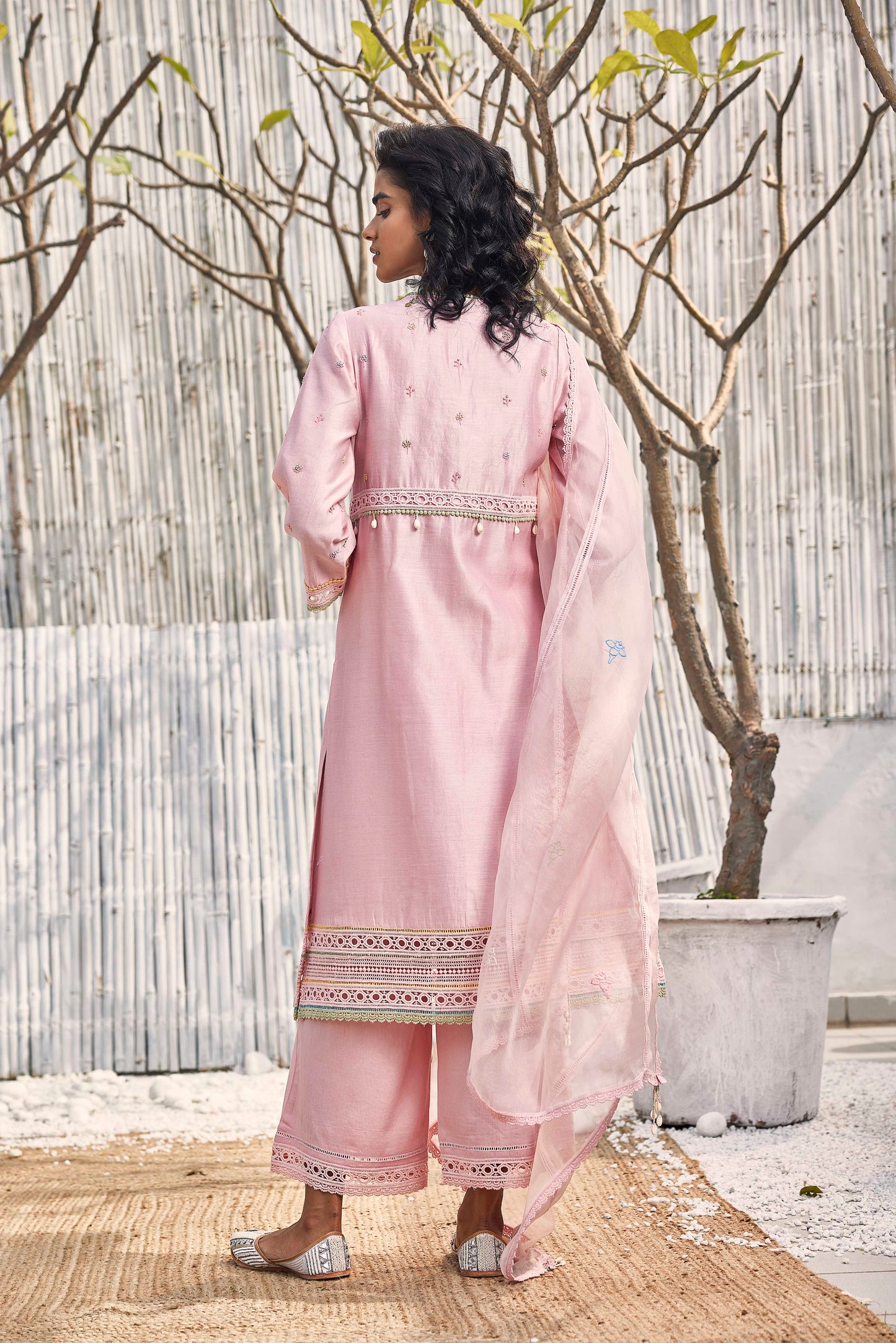 Blush Pink A-line Kurta with Palazzo - Set of 3 by Charkhee with Cotton, Cotton Satin, Dobby Cotton, Festive Wear, For Mother, Indian Wear, Kurta Palazzo Sets, Natural, Organza, Pink, Prints, Regular Fit, Shores 23, Solids, Wedding Gifts, Womenswear at Kamakhyaa for sustainable fashion