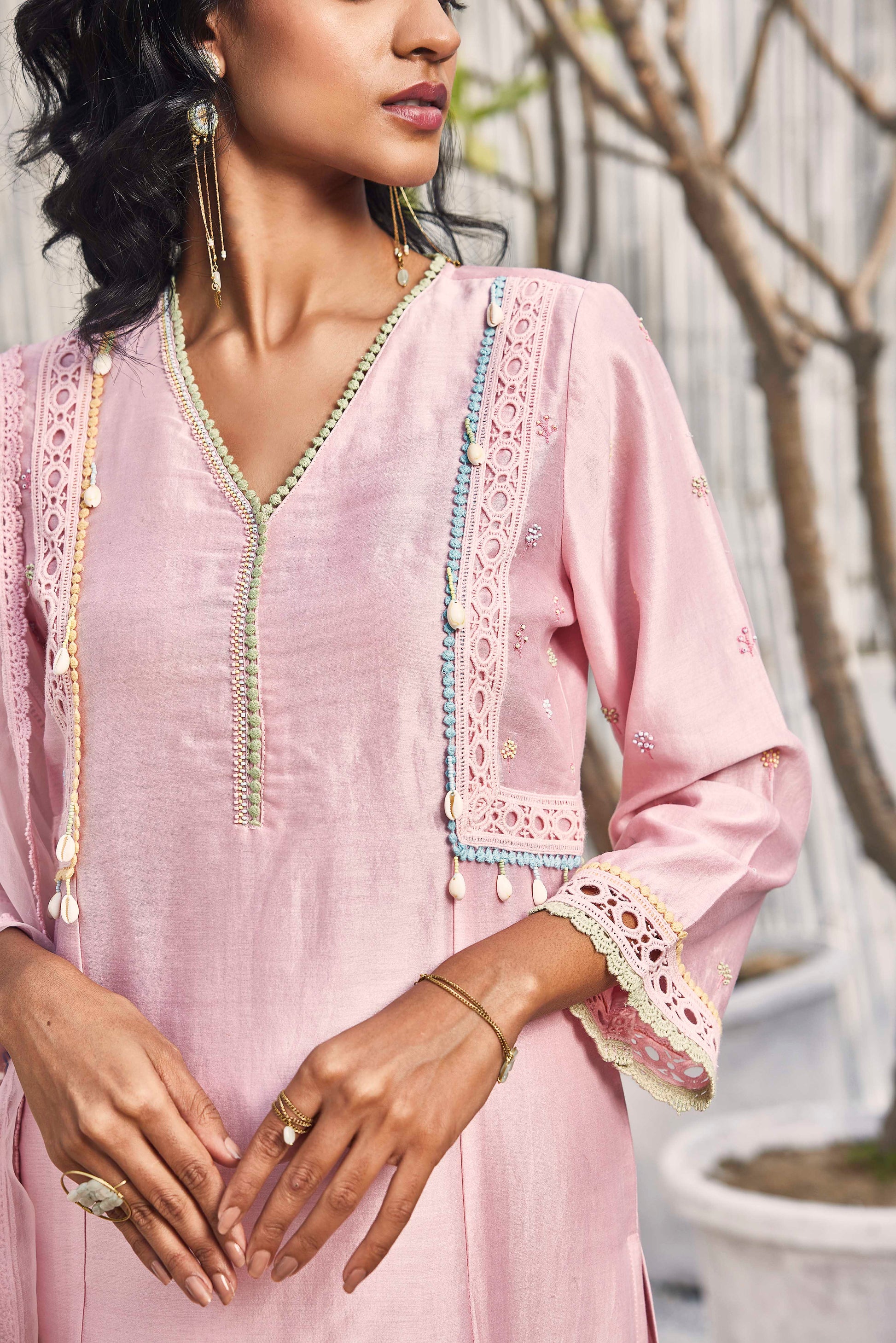 Blush Pink A-line Kurta with Palazzo - Set of 3 by Charkhee with Cotton, Cotton Satin, Dobby Cotton, Festive Wear, For Mother, Indian Wear, Kurta Palazzo Sets, Natural, Organza, Pink, Prints, Regular Fit, Shores 23, Solids, Wedding Gifts, Womenswear at Kamakhyaa for sustainable fashion