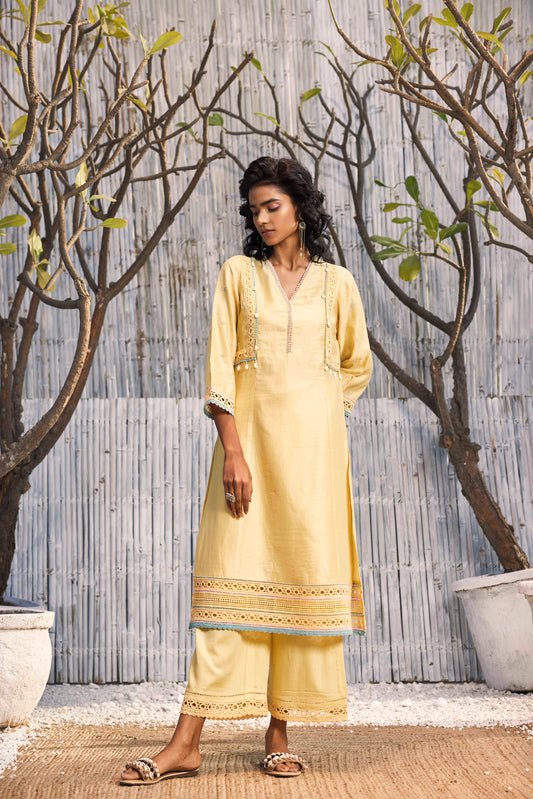 Sunshine Yellow A-line Kurta with Palazzo - Set of 2 by Charkhee with Chanderi, Cotton, Cotton Satin, Festive Wear, Indian Wear, Kurta Palazzo Sets, Natural, Regular Fit, Shores 23, Shores by Charkherr, Solids, Womenswear, Yellow at Kamakhyaa for sustainable fashion