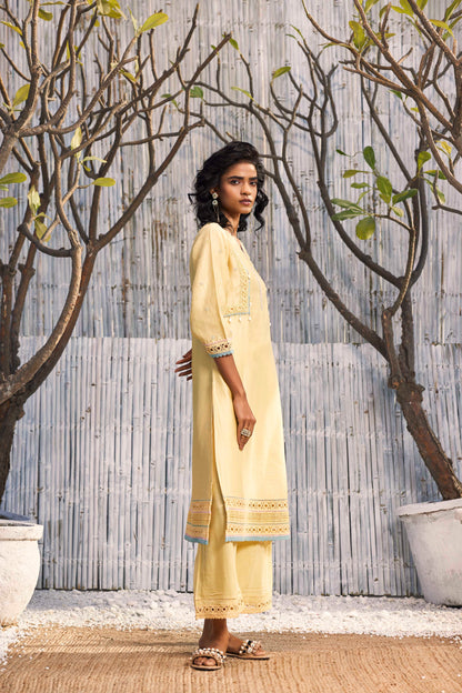 Sunshine Yellow A-line Kurta with Palazzo - Set of 3 by Charkhee with Best Selling, Chanderi, Cotton, Cotton Satin, Festive Wear, Indian Wear, Kurta Palazzo Sets, Natural, Regular Fit, Shores 23, Shores by Charkherr, Solids, Womenswear, Yellow at Kamakhyaa for sustainable fashion