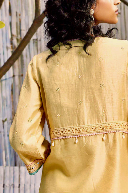 Sunshine Yellow A-line Kurta with Palazzo - Set of 3 by Charkhee with Best Selling, Chanderi, Cotton, Cotton Satin, Festive Wear, Indian Wear, Kurta Palazzo Sets, Natural, Regular Fit, Shores 23, Shores by Charkherr, Solids, Womenswear, Yellow at Kamakhyaa for sustainable fashion