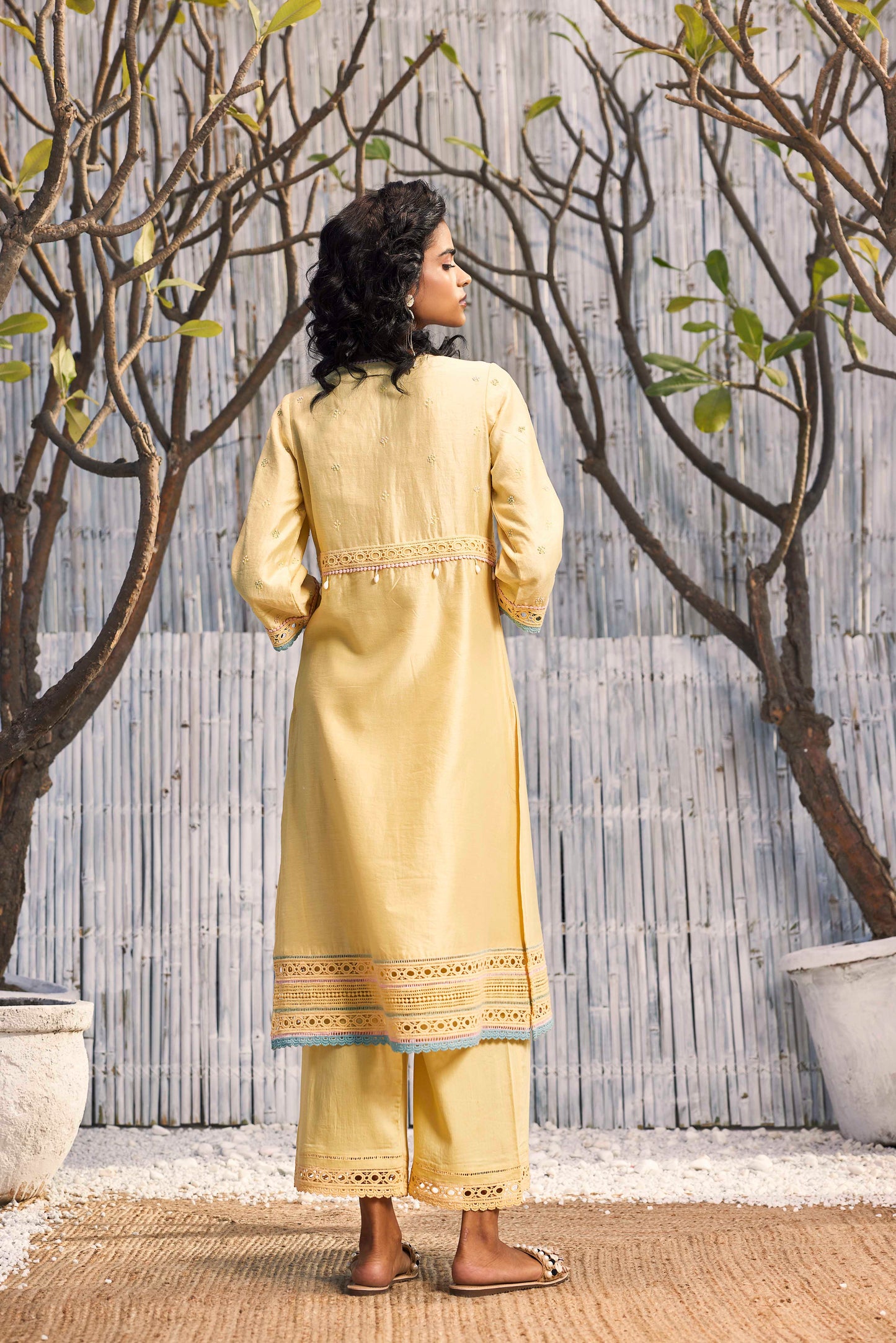 Sunshine Yellow A-line Kurta with Palazzo - Set of 2 by Charkhee with Chanderi, Cotton, Cotton Satin, Festive Wear, Indian Wear, Kurta Palazzo Sets, Natural, Regular Fit, Shores 23, Shores by Charkherr, Solids, Womenswear, Yellow at Kamakhyaa for sustainable fashion