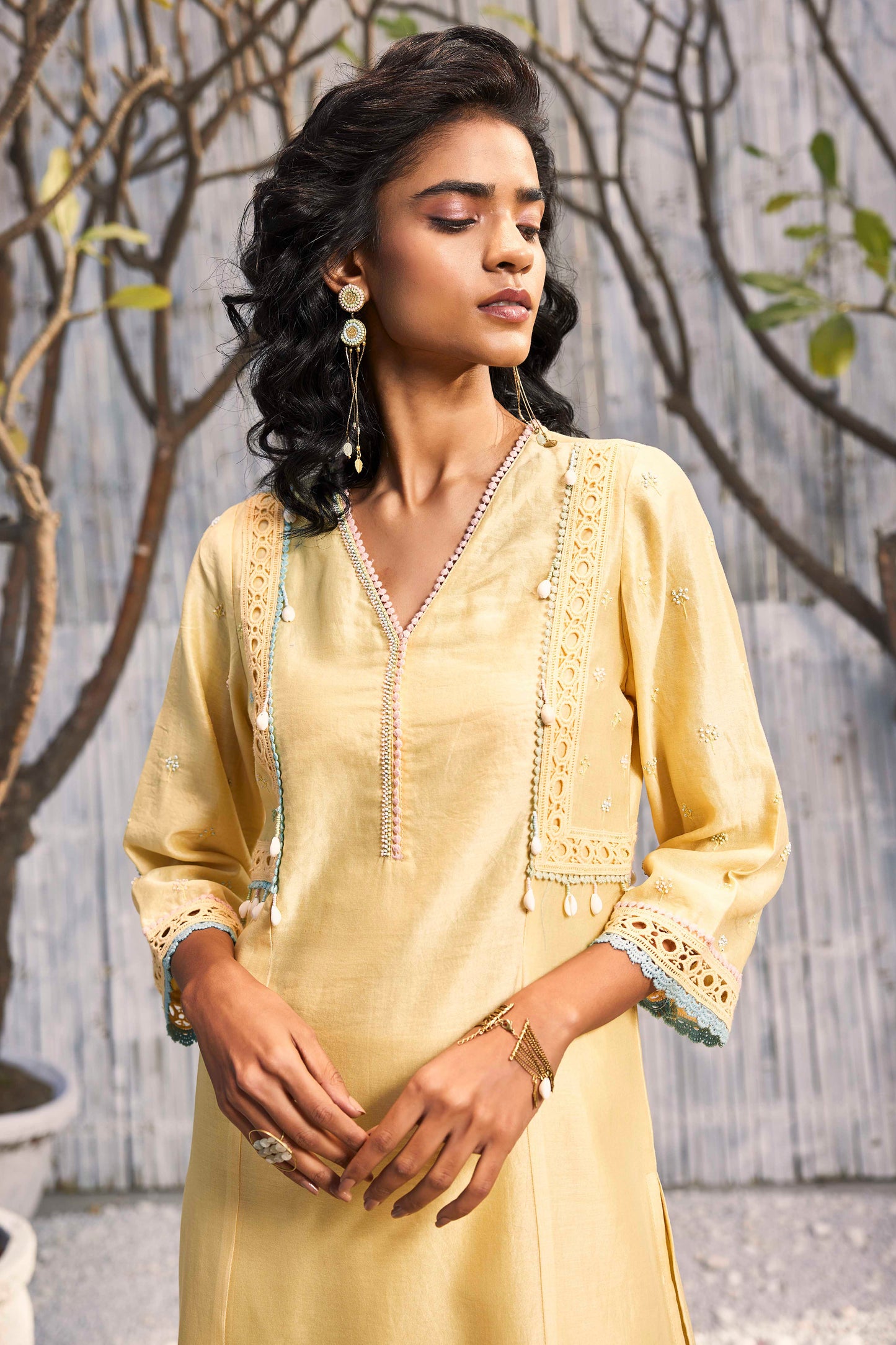 Sunshine Yellow A-line Kurta with Palazzo - Set of 3 by Charkhee with Best Selling, Chanderi, Cotton, Cotton Satin, Festive Wear, Indian Wear, Kurta Palazzo Sets, Natural, Regular Fit, Shores 23, Shores by Charkherr, Solids, Womenswear, Yellow at Kamakhyaa for sustainable fashion