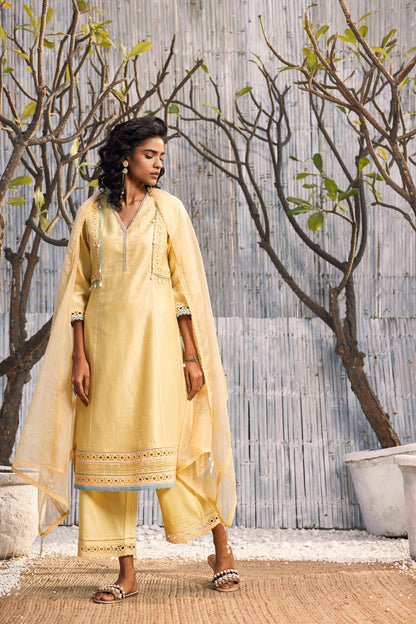 Sunshine Yellow A-line Kurta with Palazzo - Set of 3 by Charkhee with Best Selling, Chanderi, Cotton, Cotton Satin, Festive Wear, Indian Wear, Kurta Palazzo Sets, Natural, Regular Fit, Shores 23, Shores by Charkherr, Solids, Womenswear, Yellow at Kamakhyaa for sustainable fashion