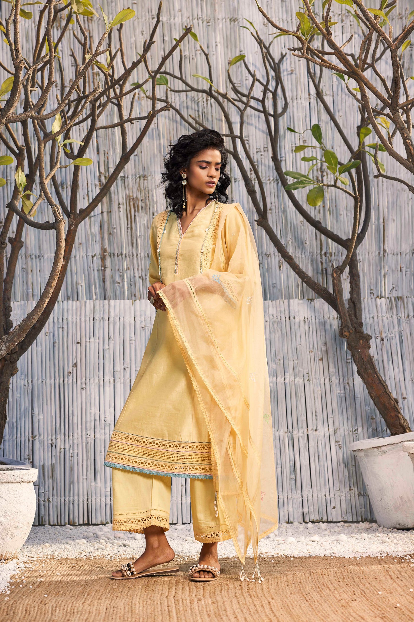 Sunshine Yellow A-line Kurta with Palazzo - Set of 3 by Charkhee with Best Selling, Chanderi, Cotton, Cotton Satin, Festive Wear, Indian Wear, Kurta Palazzo Sets, Natural, Regular Fit, Shores 23, Shores by Charkherr, Solids, Womenswear, Yellow at Kamakhyaa for sustainable fashion