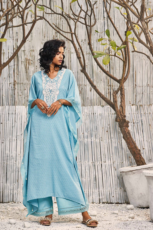 Breezy Cotton Kaftan with Palazzo - Set of 2 - Blue by Charkhee with Best Selling, Blue, Cotton, Cotton Satin, Dobby Cotton, Festive Wear, For Mother, Indian Wear, Kurta Palazzo Sets, Natural, Regular Fit, Shores 23, Textured, Womenswear at Kamakhyaa for sustainable fashion
