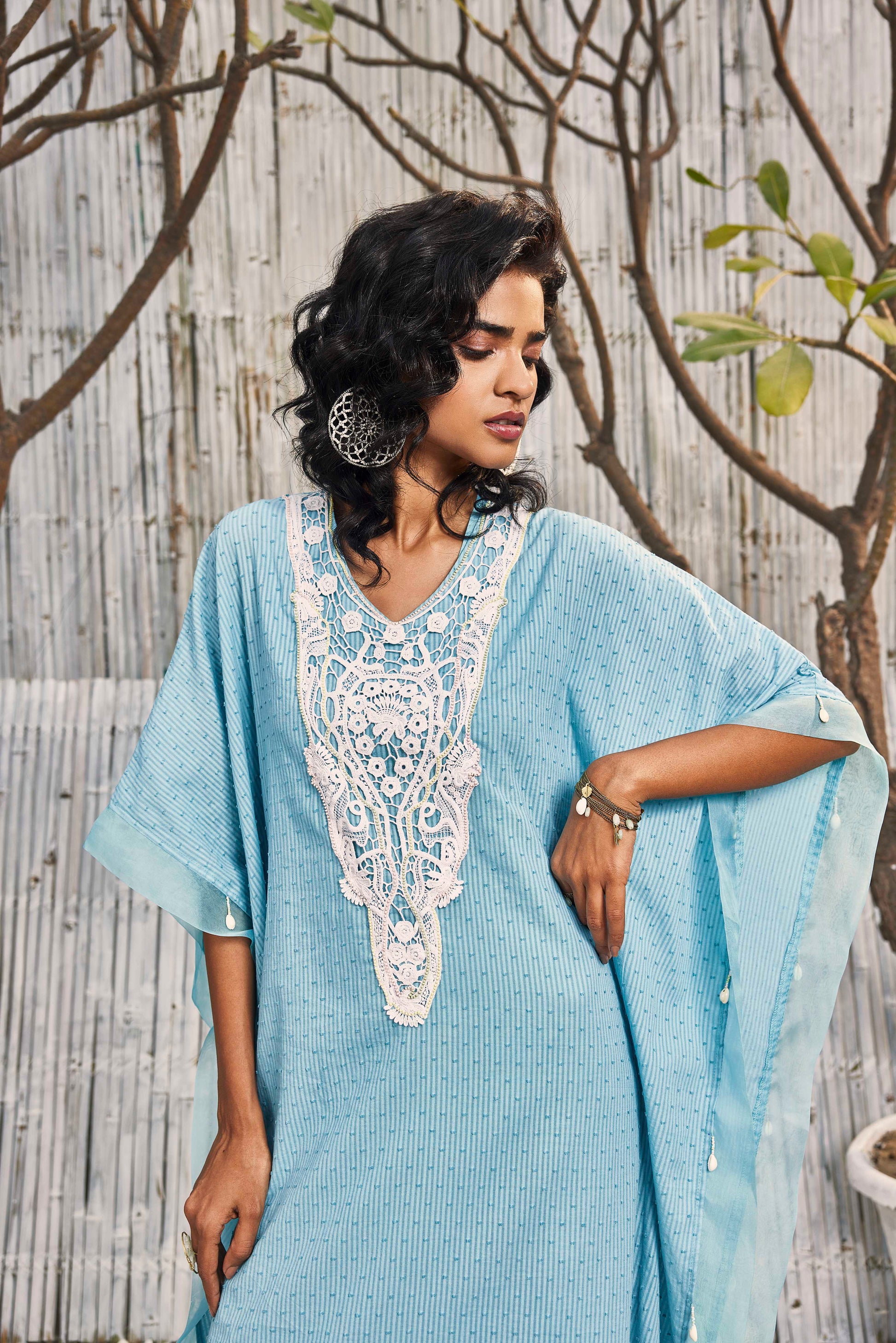 Breezy Cotton Kaftan with Palazzo - Set of 2 - Blue by Charkhee with Best Selling, Blue, Cotton, Cotton Satin, Dobby Cotton, Festive Wear, For Mother, Indian Wear, Kurta Palazzo Sets, Natural, Regular Fit, Shores 23, Textured, Womenswear at Kamakhyaa for sustainable fashion