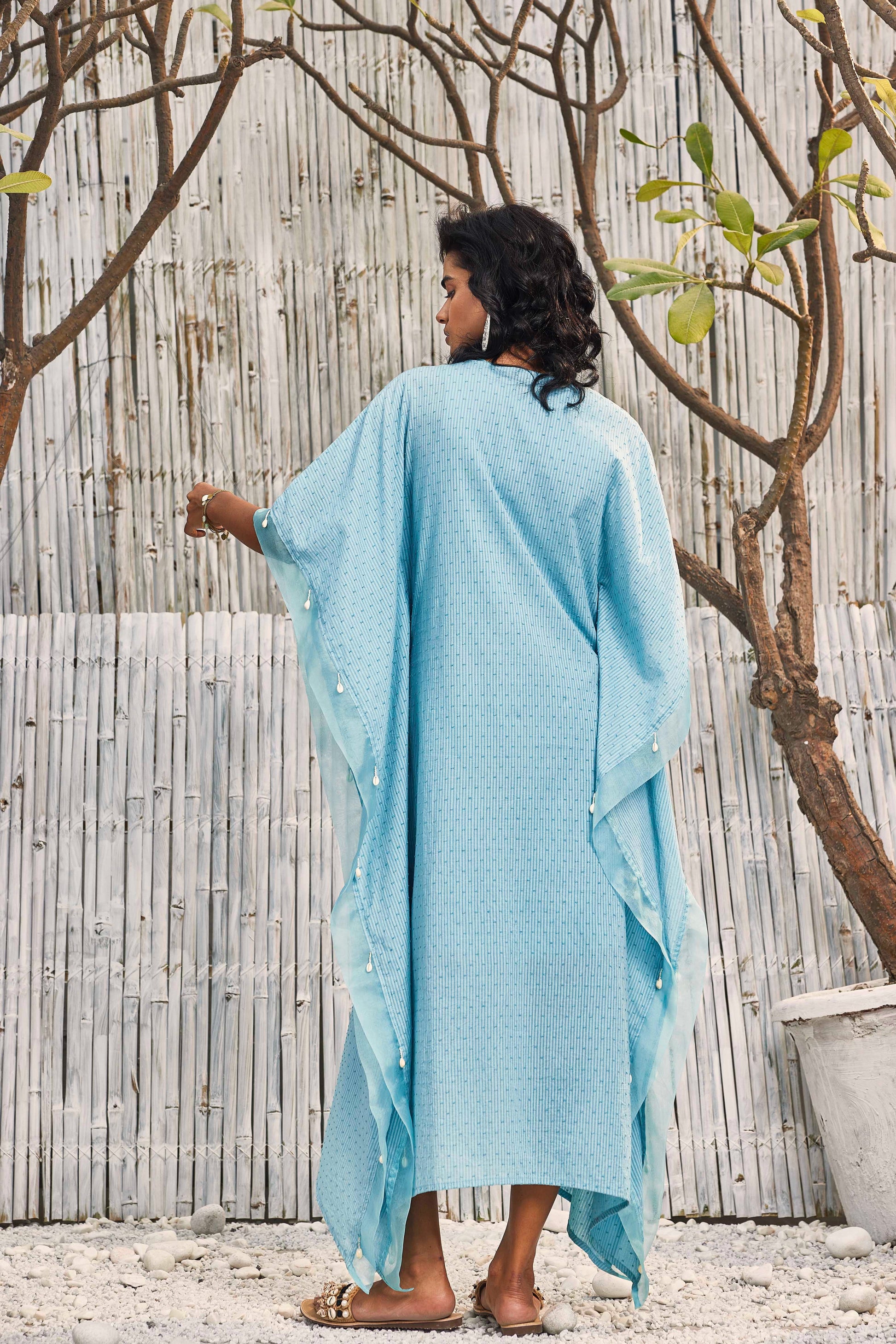 Breezy Cotton Kaftan with Palazzo - Set of 2 - Blue by Charkhee with Best Selling, Blue, Cotton, Cotton Satin, Dobby Cotton, Festive Wear, For Mother, Indian Wear, Kurta Palazzo Sets, Natural, Regular Fit, Shores 23, Textured, Womenswear at Kamakhyaa for sustainable fashion