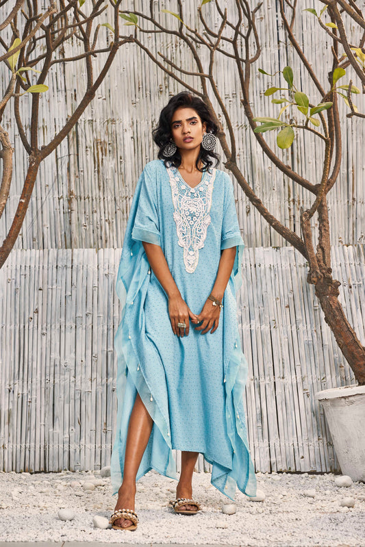 Breezy Cotton Kaftan - Blue by Charkhee with Best Selling, Blue, Cotton, Cotton Satin, Dobby Cotton, Festive Wear, Kaftans, Midi Dresses, Natural, Regular Fit, Shores 23, Textured, Womenswear at Kamakhyaa for sustainable fashion