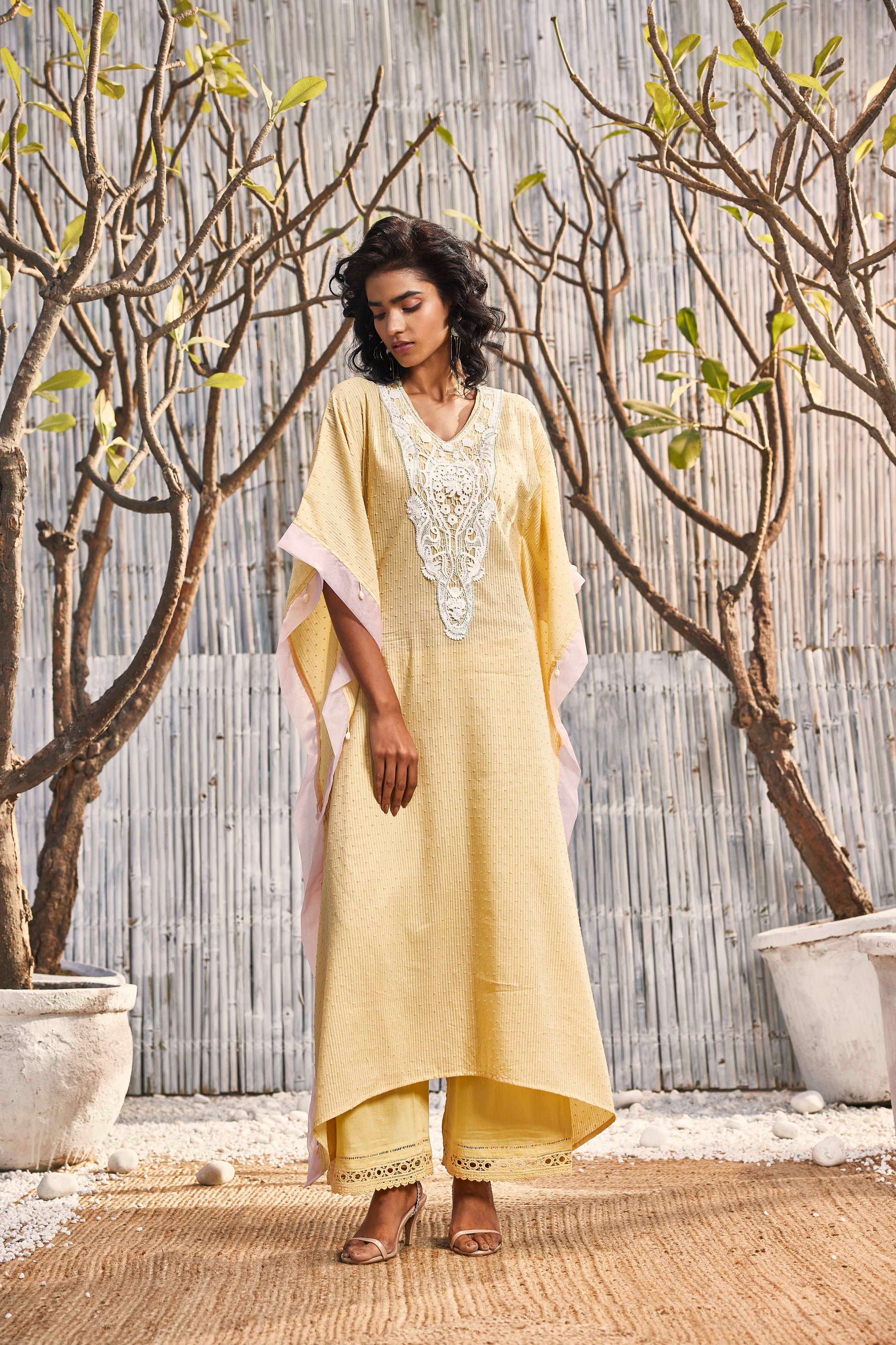 Breezy Cotton Kaftan with Palazzo - Set of 2 Yellow Indian Wear Festive Wear, Kurta Palazzo Sets, Natural, Regular Fit, Shores 23, Textured, Yellow Charkhee Kamakhyaa
