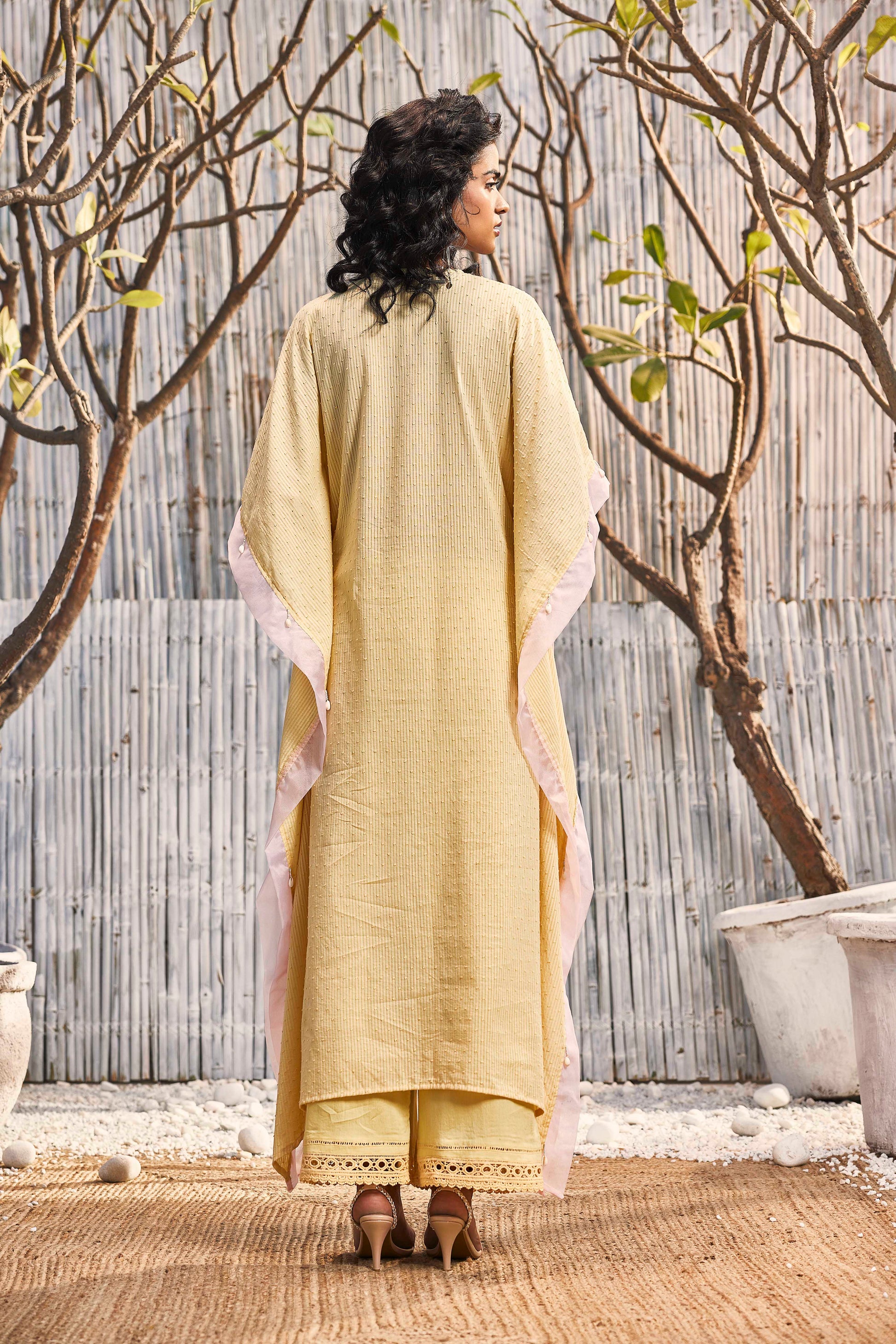 Breezy Cotton Kaftan with Palazzo - Set of 2 - Yellow by Charkhee with Best Selling, Cotton, Cotton Satin, Dobby Cotton, Festive Wear, For Mother, Indian Wear, Kurta Palazzo Sets, Natural, Regular Fit, Shores 23, Textured, Womenswear, Yellow at Kamakhyaa for sustainable fashion