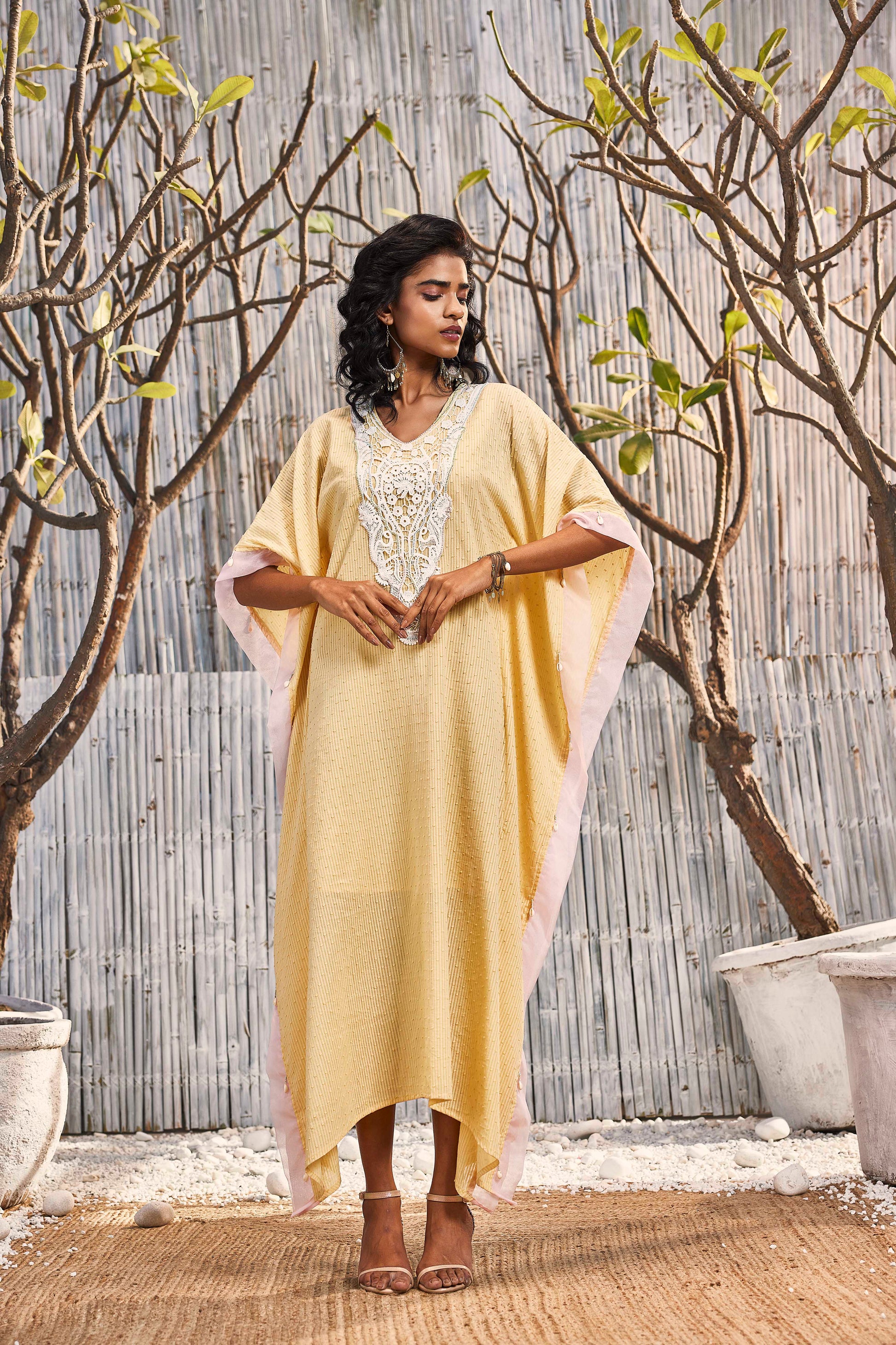 Breezy Cotton Kaftan - Yellow by Charkhee with Best Selling, Cotton, Dobby Cotton, Festive Wear, Kaftans, Midi Dresses, Natural, Regular Fit, Shores 23, Textured, Womenswear, Yellow at Kamakhyaa for sustainable fashion