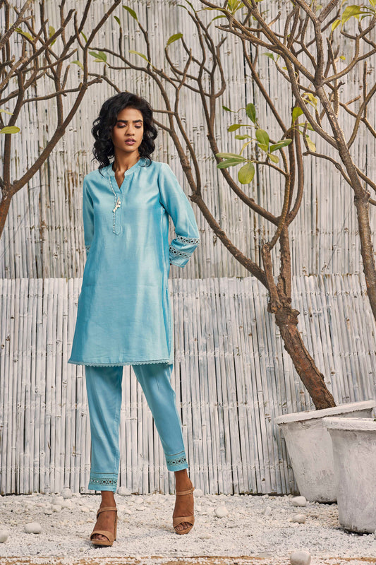Chanderi Kurta Co-ord Set - Set of 2 - Blue by Charkhee with Blue, Chanderi, Co-ord Sets, Cotton, Cotton Satin, Festive Wear, Natural, party, Party Wear Co-ords, Regular Fit, Shores 23, Solids, Womenswear at Kamakhyaa for sustainable fashion