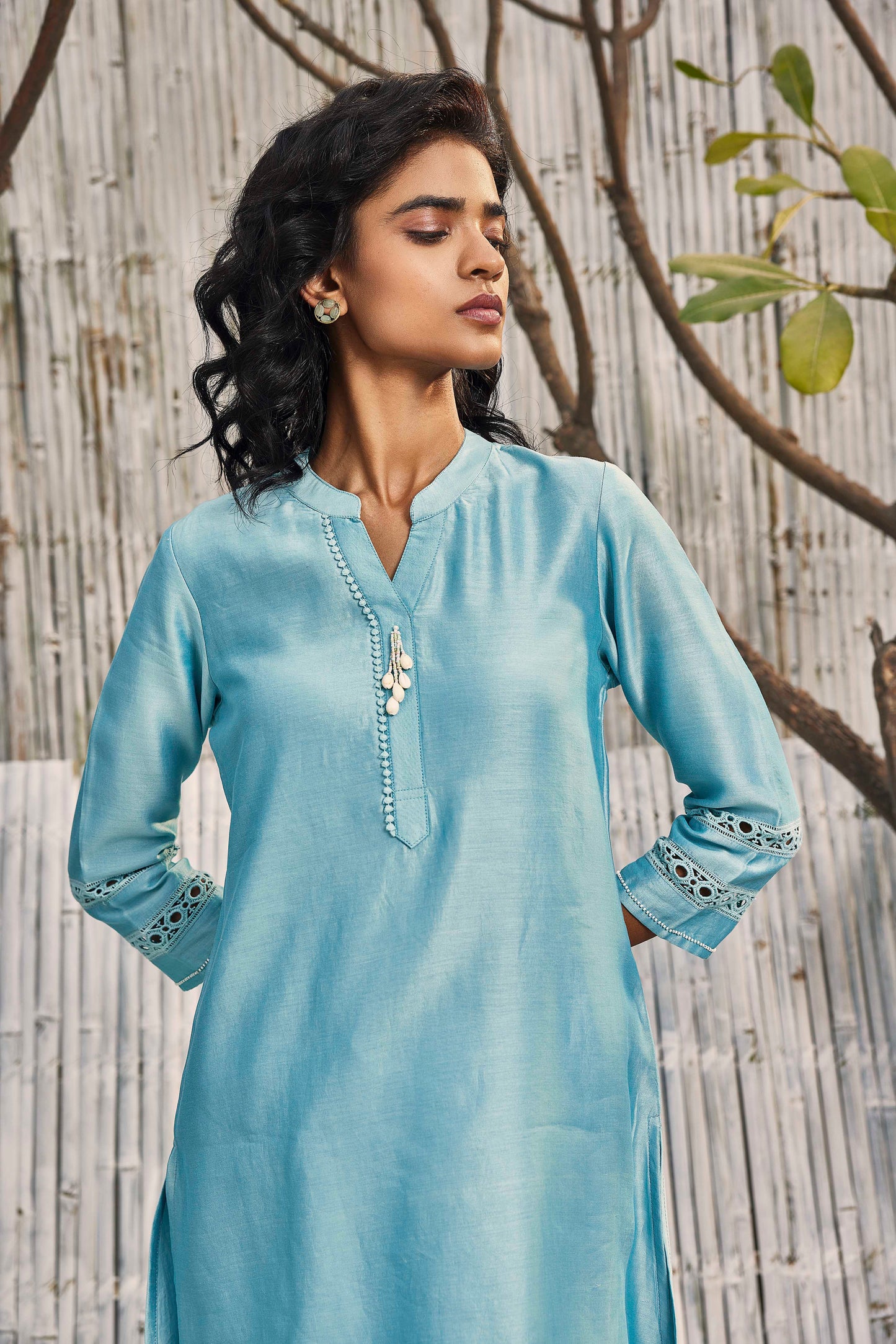 Chanderi Kurta Co-ord Set - Set of 2 - Blue by Charkhee with Blue, Chanderi, Co-ord Sets, Cotton, Cotton Satin, Festive Wear, Natural, party, Party Wear Co-ords, Regular Fit, Shores 23, Solids, Womenswear at Kamakhyaa for sustainable fashion
