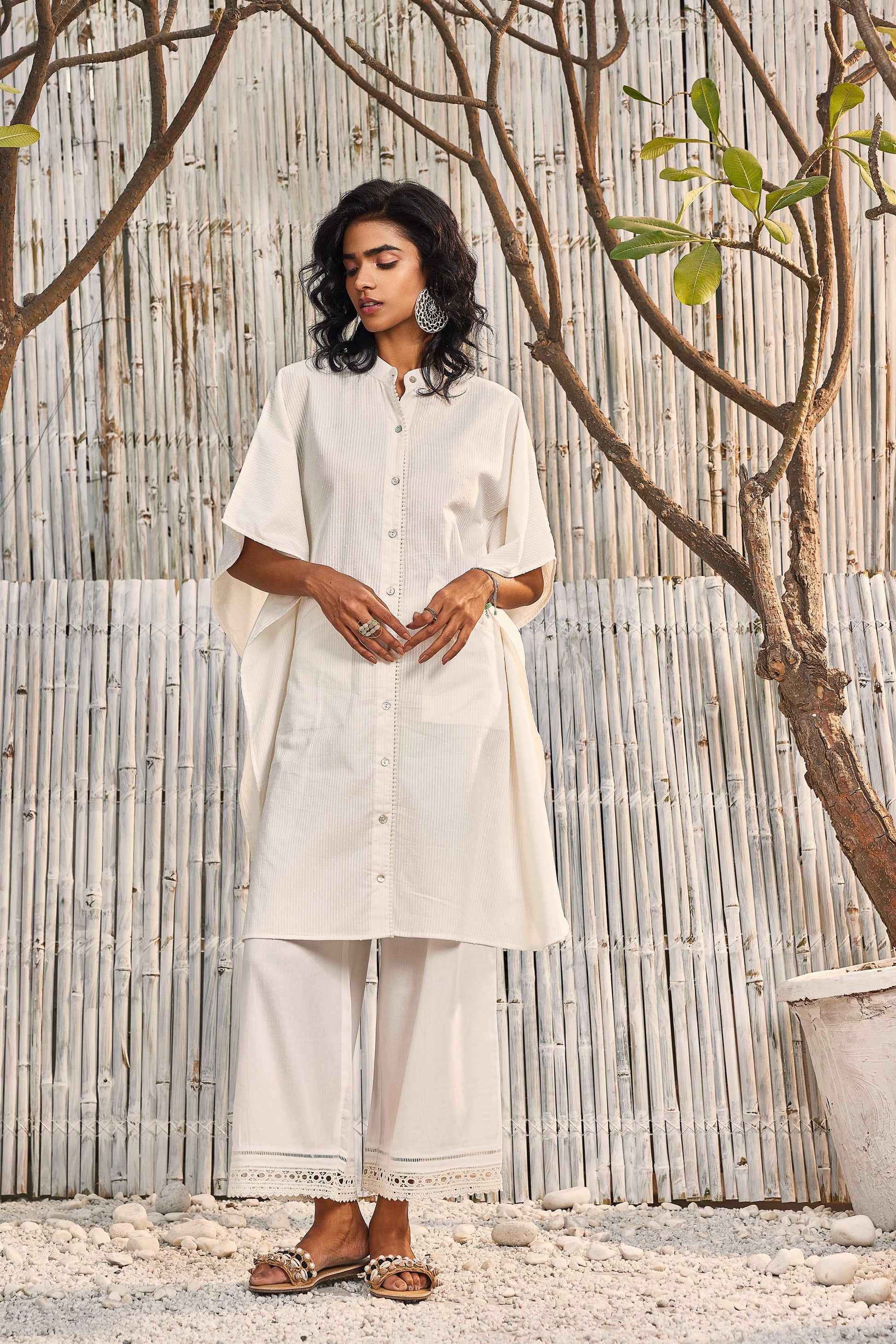 Kaftan Co-ord Set - Set of 2 by Charkhee with Co-ord Sets, Cotton, Cotton Satin, Dobby Cotton, Festive Wear, For Mother, Lounge Wear Co-ords, Natural, Off-white, Regular Fit, Shores 23, Shores by Charkherr, Textured, Womenswear at Kamakhyaa for sustainable fashion