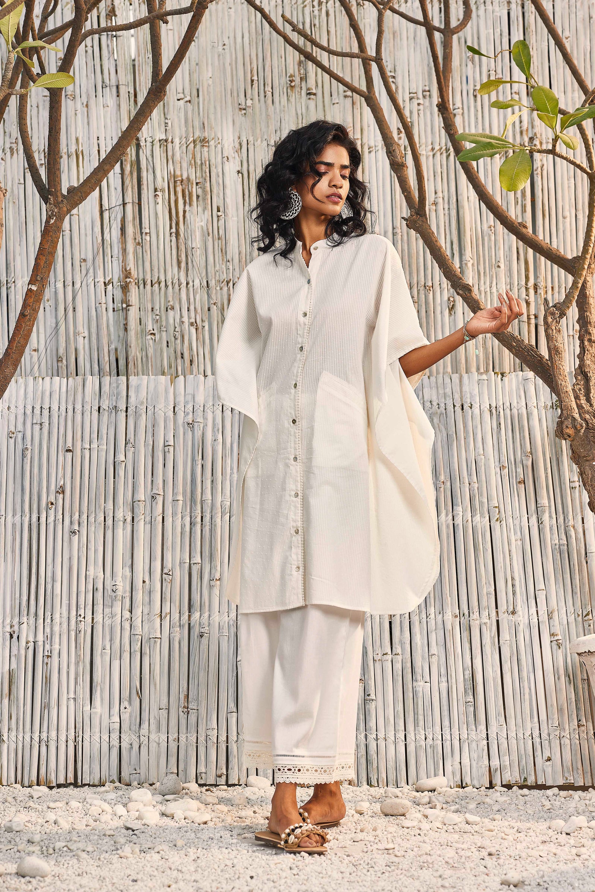 Kaftan Co-ord Set - Set of 2 by Charkhee with Co-ord Sets, Cotton, Cotton Satin, Dobby Cotton, Festive Wear, For Mother, Lounge Wear Co-ords, Natural, Off-white, Regular Fit, Shores 23, Shores by Charkherr, Textured, Womenswear at Kamakhyaa for sustainable fashion