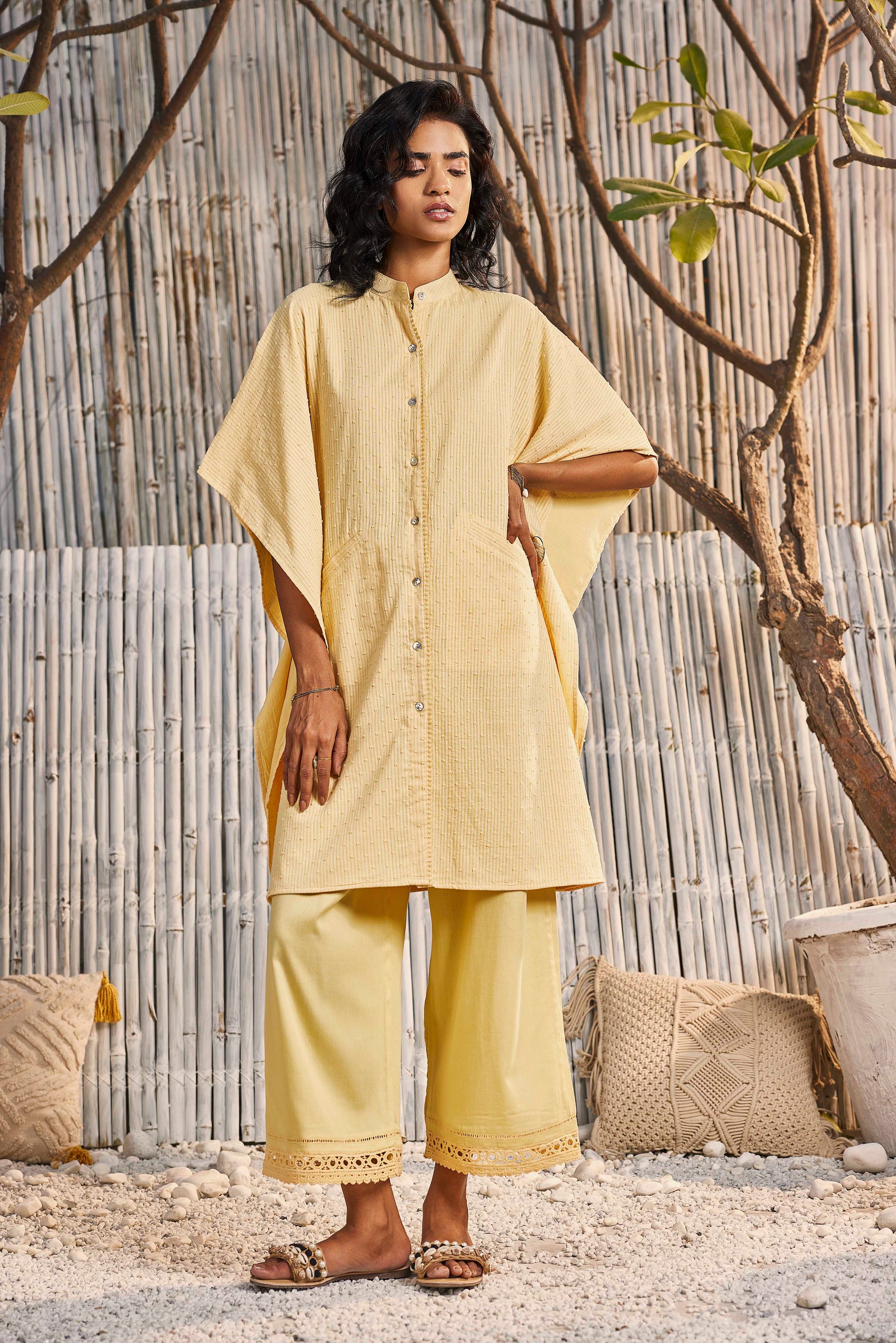 Kaftan Co-ord Set - Set of 2 Yellow by Charkhee with Co-ord Sets, Cotton, Dobby Cotton, Festive Wear, For Mother, Lounge Wear Co-ords, Natural, Regular Fit, Shores 23, Textured, Womenswear, Yellow at Kamakhyaa for sustainable fashion