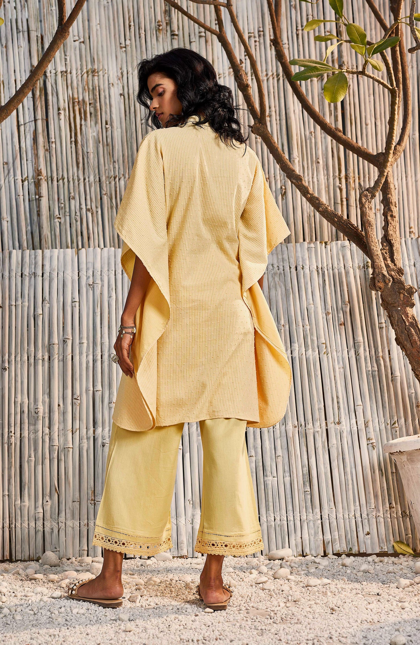 Kaftan Co-ord Set - Set of 2 Yellow by Charkhee with Co-ord Sets, Cotton, Dobby Cotton, Festive Wear, For Mother, Lounge Wear Co-ords, Natural, Regular Fit, Shores 23, Textured, Womenswear, Yellow at Kamakhyaa for sustainable fashion