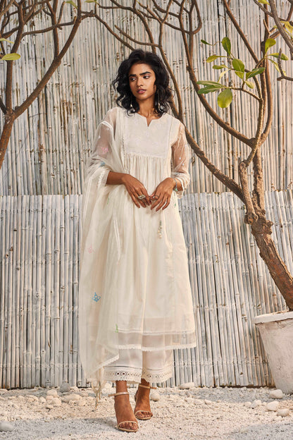 Shell White Chanderi Gathered Kurta with Pant - Set of 2 by Charkhee with Cotton, Cotton Satin, Dobby Cotton, Festive Wear, Indian Wear, Kurta Pant Sets, Natural, Organza, Regular Fit, Shores 23, Solids, Wedding Gifts, White, Womenswear at Kamakhyaa for sustainable fashion