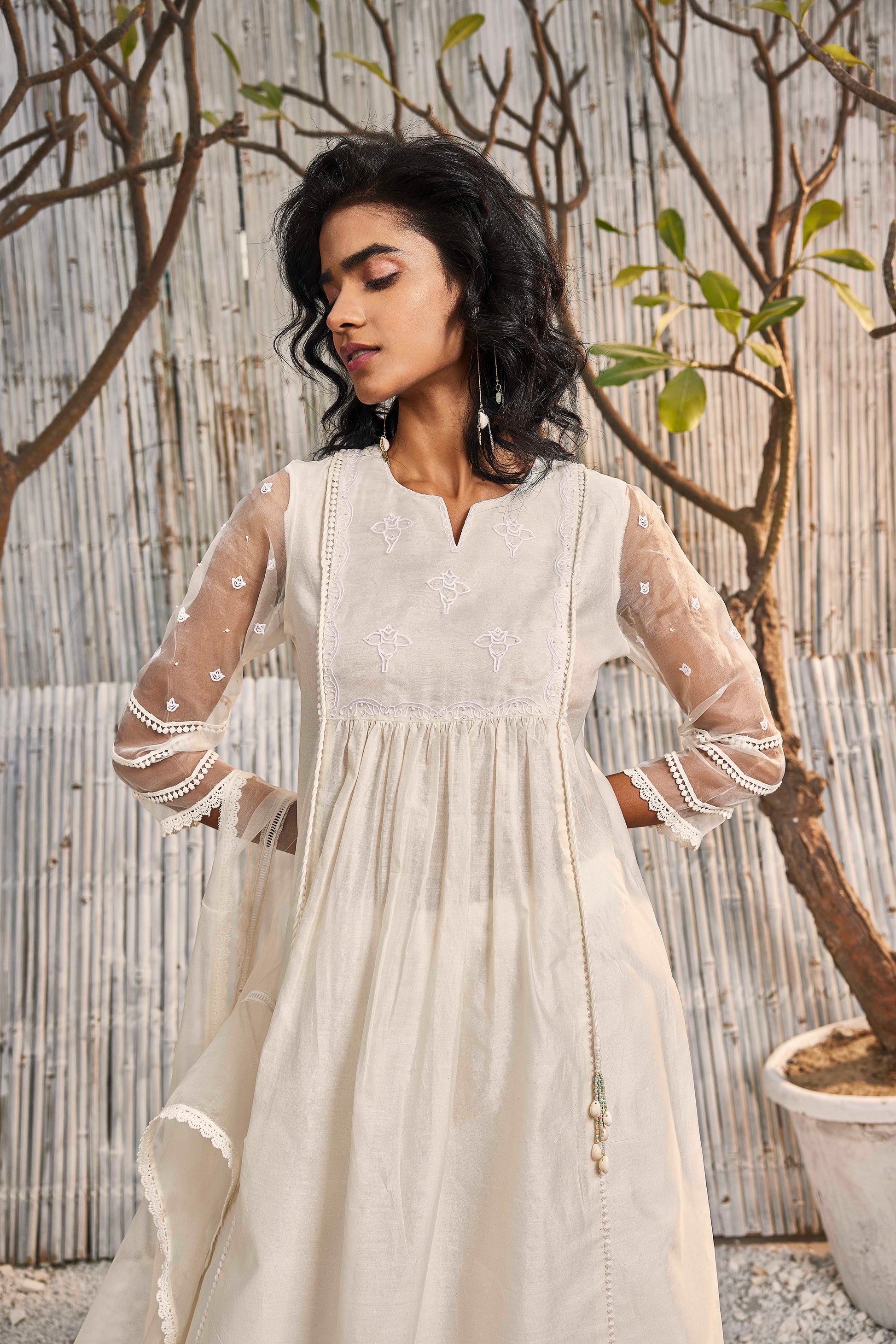 Shell White Chanderi Gathered Kurta with Pant - Set of 2 by Charkhee with Cotton, Cotton Satin, Dobby Cotton, Festive Wear, Indian Wear, Kurta Pant Sets, Natural, Organza, Regular Fit, Shores 23, Solids, Wedding Gifts, White, Womenswear at Kamakhyaa for sustainable fashion