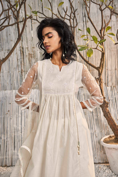 Shell White Chanderi Gathered Kurta with Pant - Set of 2 by Charkhee with Cotton, Cotton Satin, Dobby Cotton, Festive Wear, Indian Wear, Kurta Pant Sets, Natural, Organza, Regular Fit, Shores 23, Solids, Wedding Gifts, White, Womenswear at Kamakhyaa for sustainable fashion