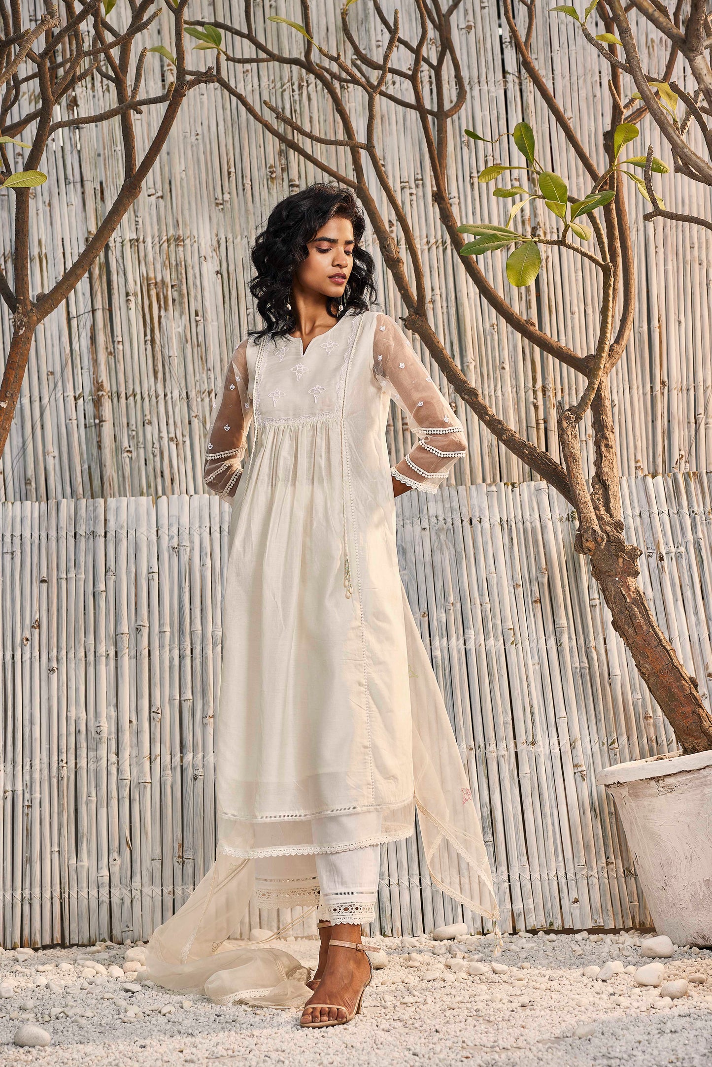 Shell White Chanderi Gathered Kurta with Pant - Set of 2 by Charkhee with Cotton, Cotton Satin, Dobby Cotton, Festive Wear, Indian Wear, Kurta Pant Sets, Natural, Organza, Regular Fit, Shores 23, Solids, Wedding Gifts, White, Womenswear at Kamakhyaa for sustainable fashion