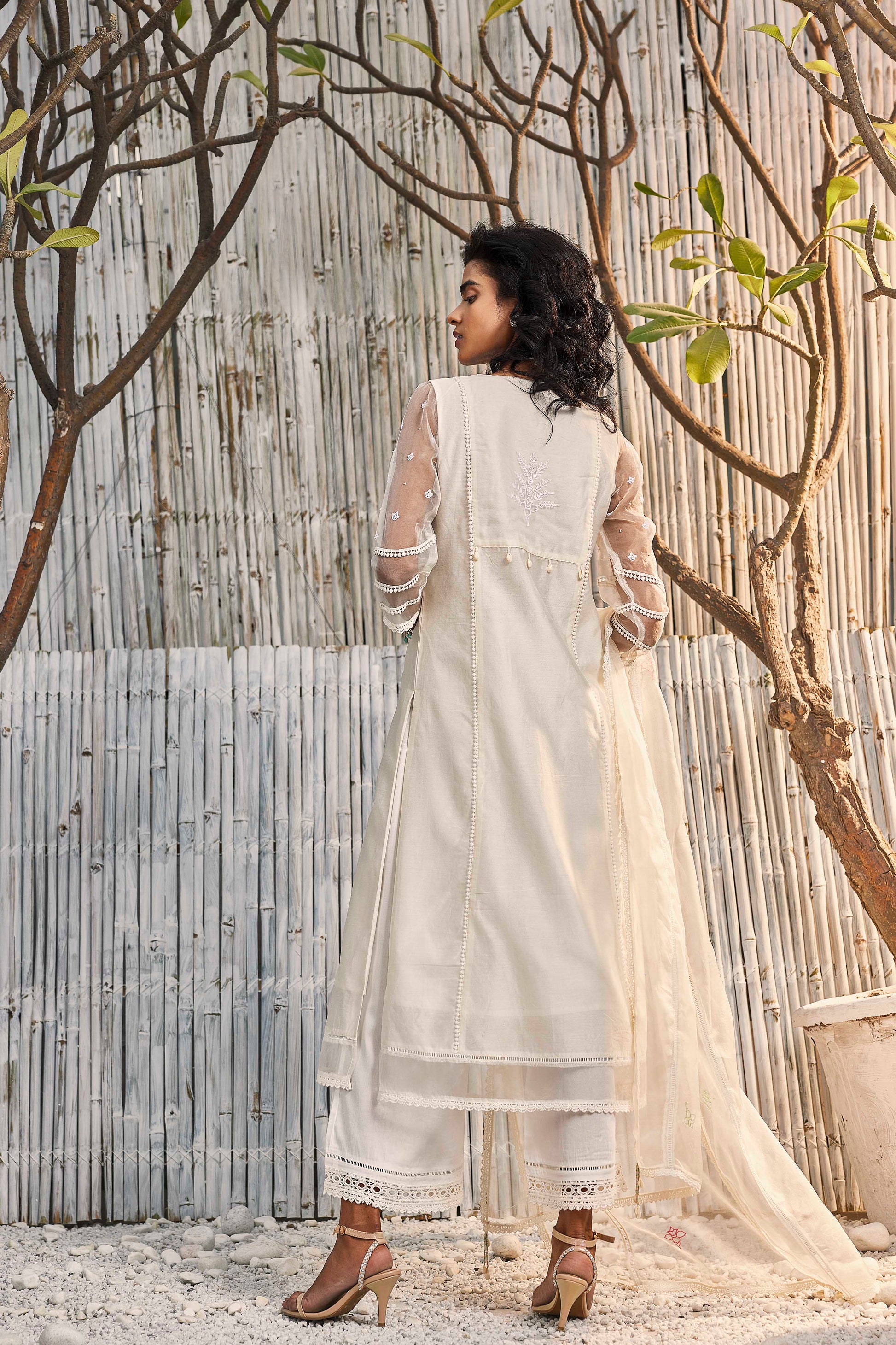 Shell White Chanderi Gathered Kurta with Pant - Set of 2 by Charkhee with Cotton, Cotton Satin, Dobby Cotton, Festive Wear, Indian Wear, Kurta Pant Sets, Natural, Organza, Regular Fit, Shores 23, Solids, Wedding Gifts, White, Womenswear at Kamakhyaa for sustainable fashion